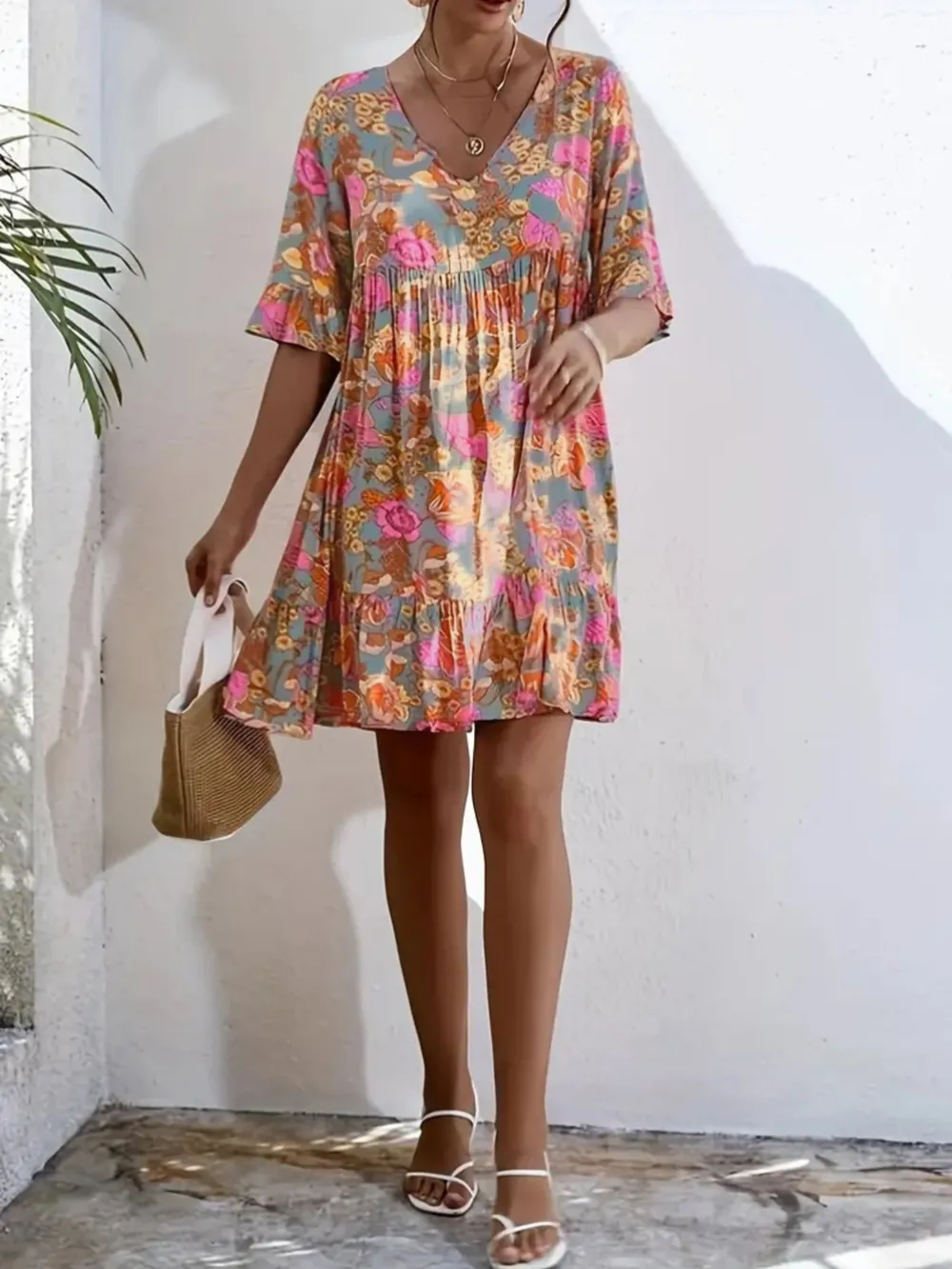 Printed V-Neck Tiered Dress, image 6