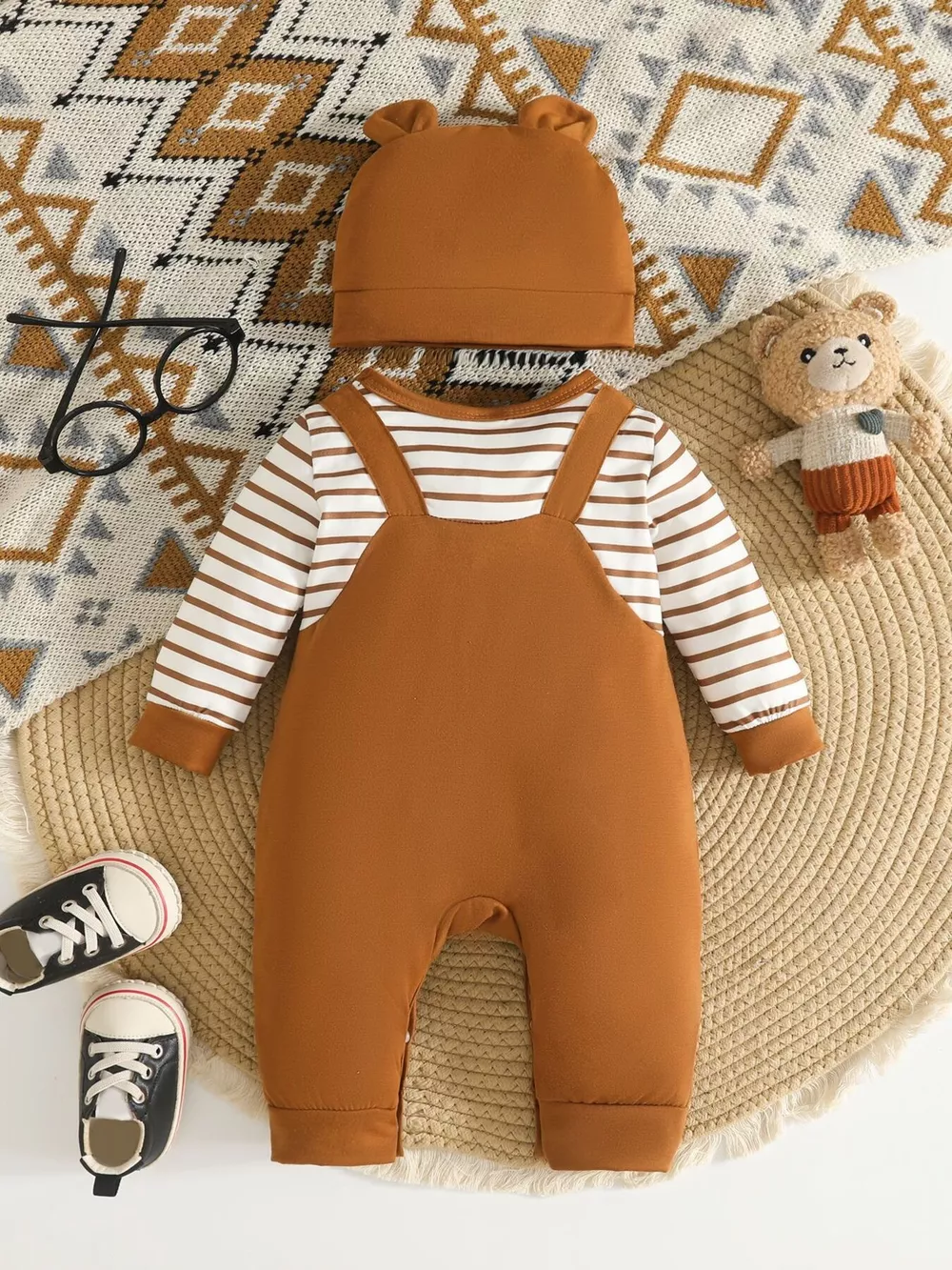 Children's Bear Pattern Long Sleeve Jumpsuit and Hat Set, image 4