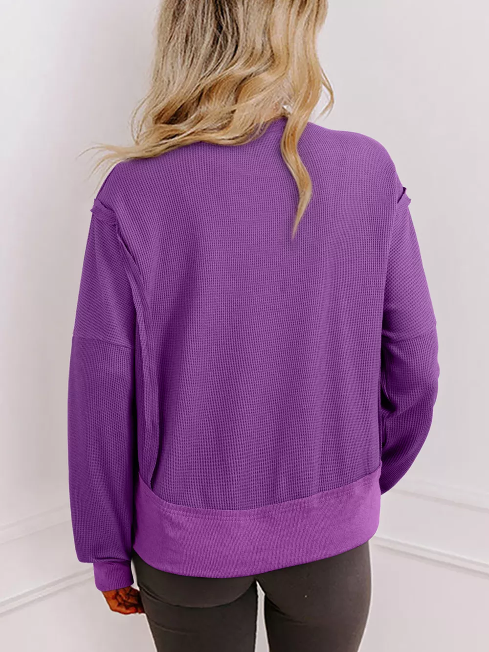 Solid Color Raw Seam Patchwork Ribbed Drop Shoulder Sweatshirt, image 5