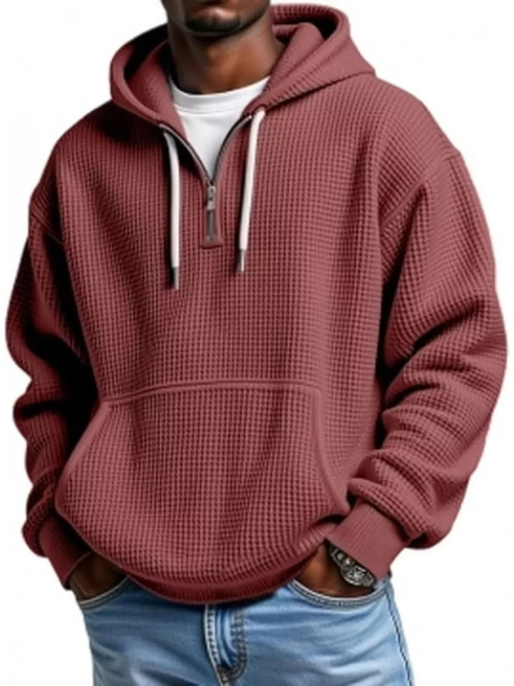 Men's Full Size Waffle Knit Quarter Zip Hoodie Plus Size, image 8