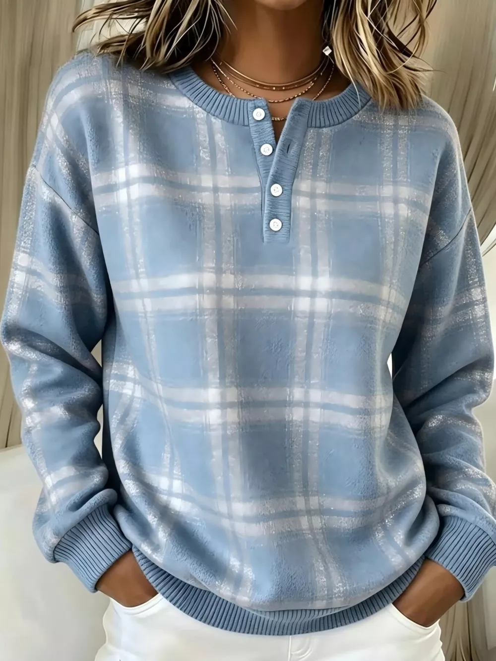 Full Size Plaid Button Detail Long Sleeve Sweatshirt Plus Size, image 6