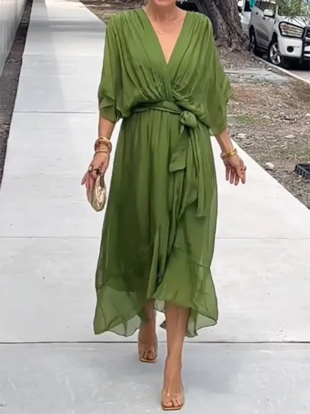 Full Size Flowy Tie Front Midi Dress with Flutter Sleeves Plus Size, image 21