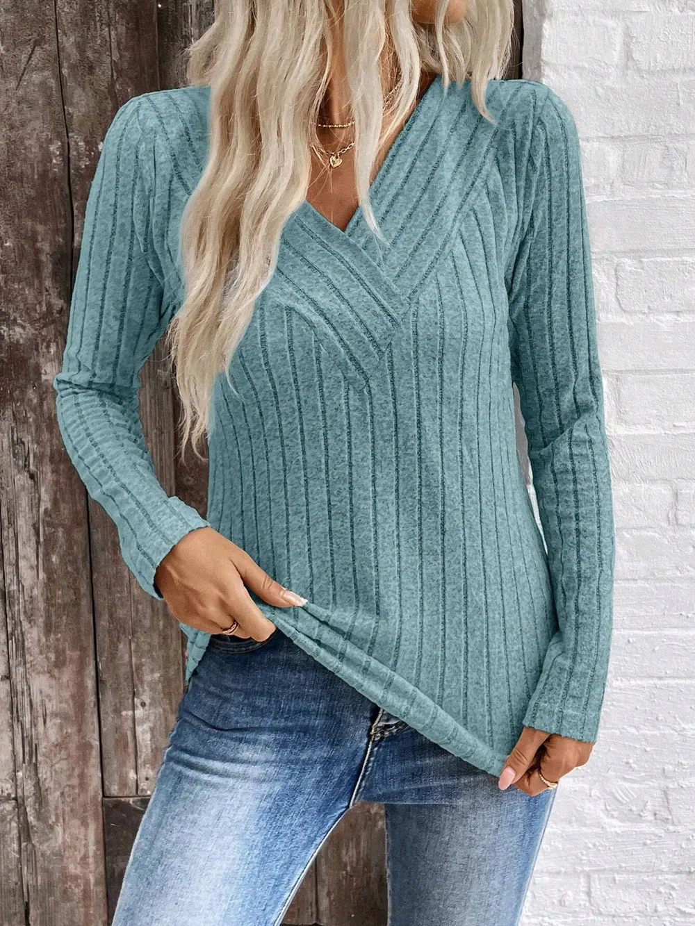 Ribbed V-Neck Long Sleeve Knit T-Shirt, image 9