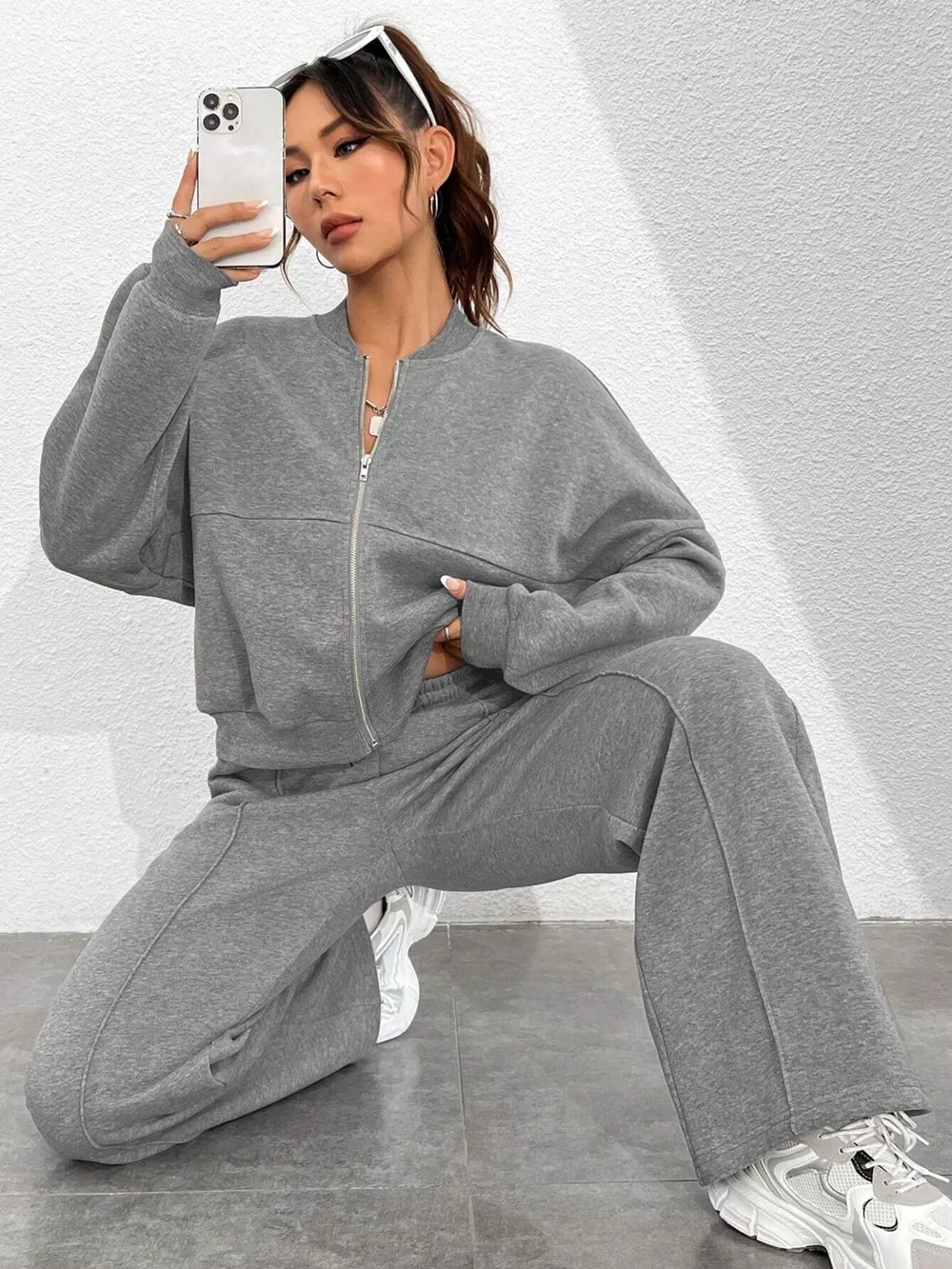 Casual Solid Color Zipper Jacket and Wide Leg Pants Set, image 24