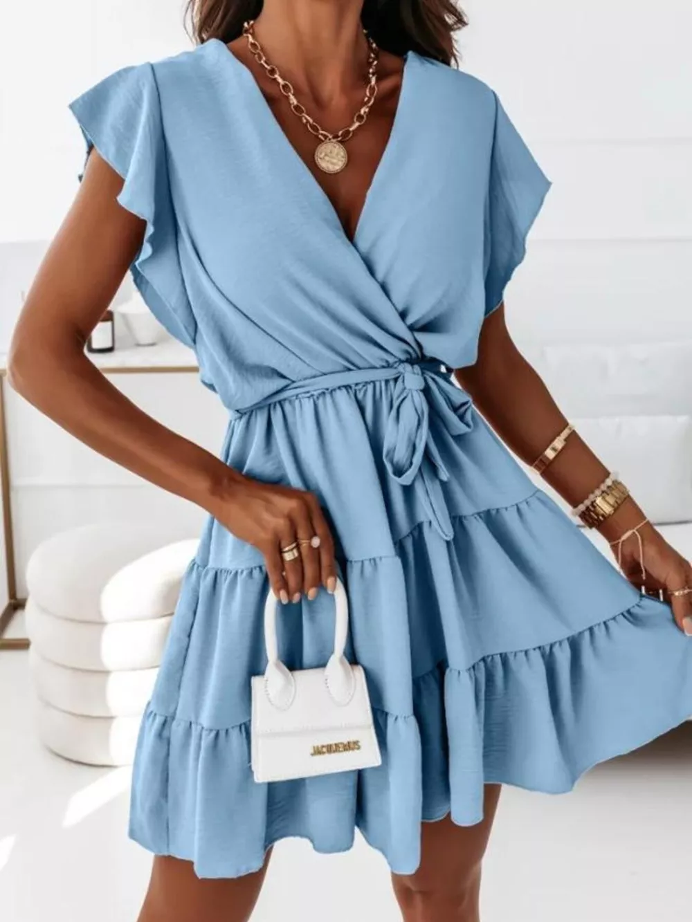 Ruffle Sleeve Tie Waist Tiered Mini Dress, image 6