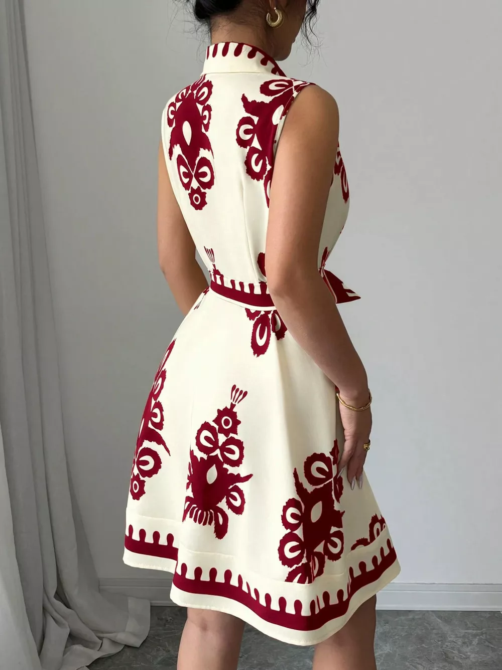 Sleeveless Ruched Printed Tie Waist Dress, image 2