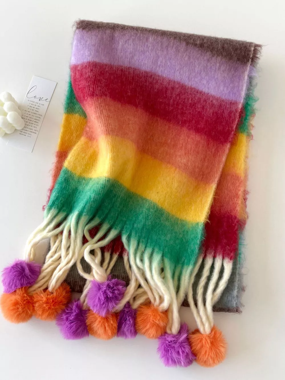 Rainbow Striped Fuzzy Scarf with Pom-Poms, image 2