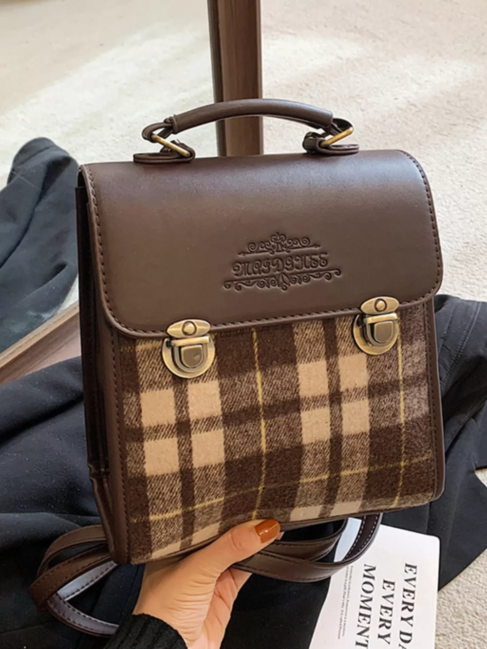 Vintage Plaid Flap Backpack Bag, image 4