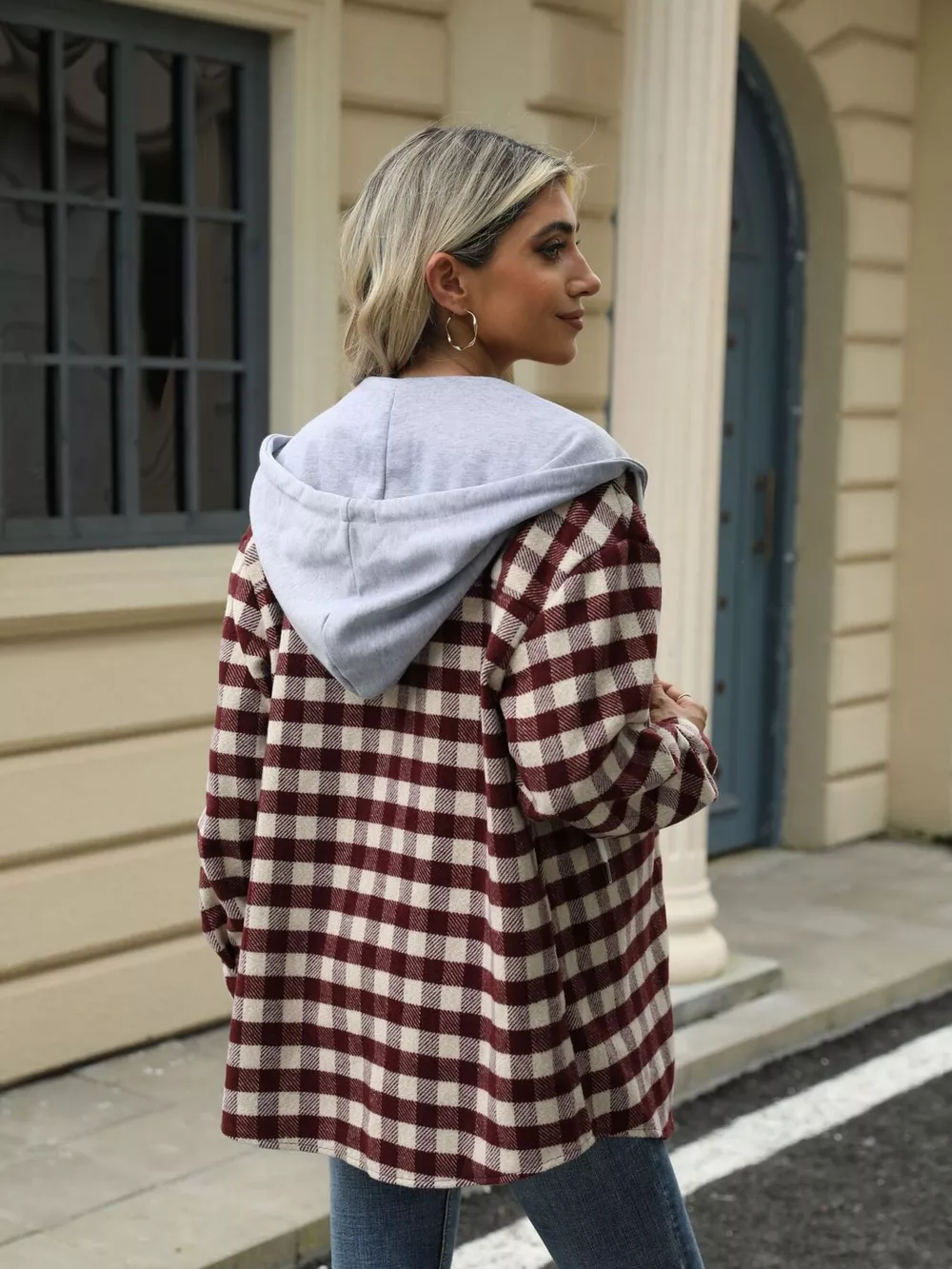 Plaid Button Up Long Sleeve Drawstring Hooded Jacket, image 26