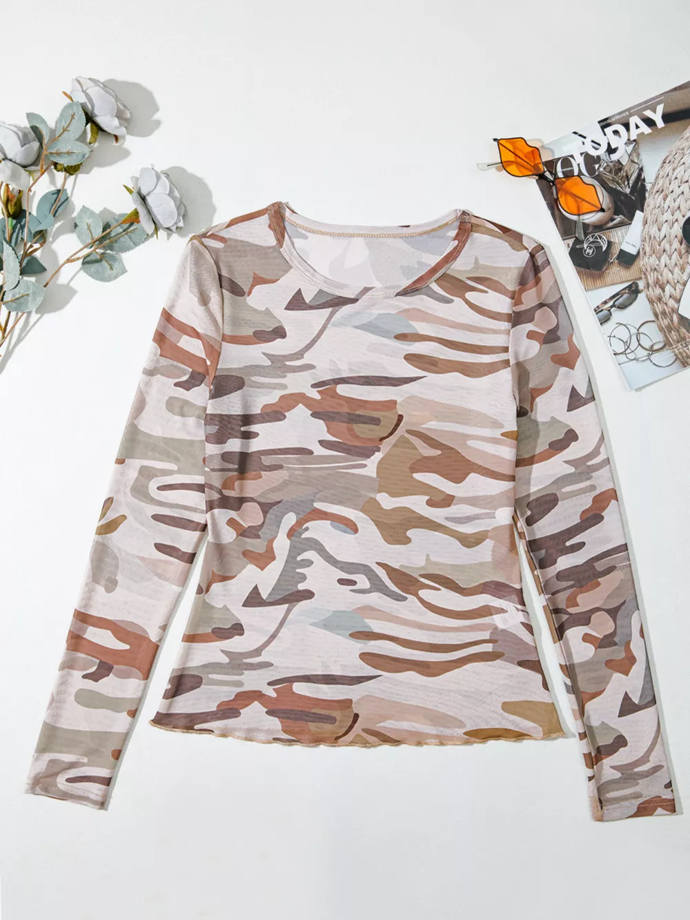 Camouflage Print Mesh Long Sleeve Top, image 7
