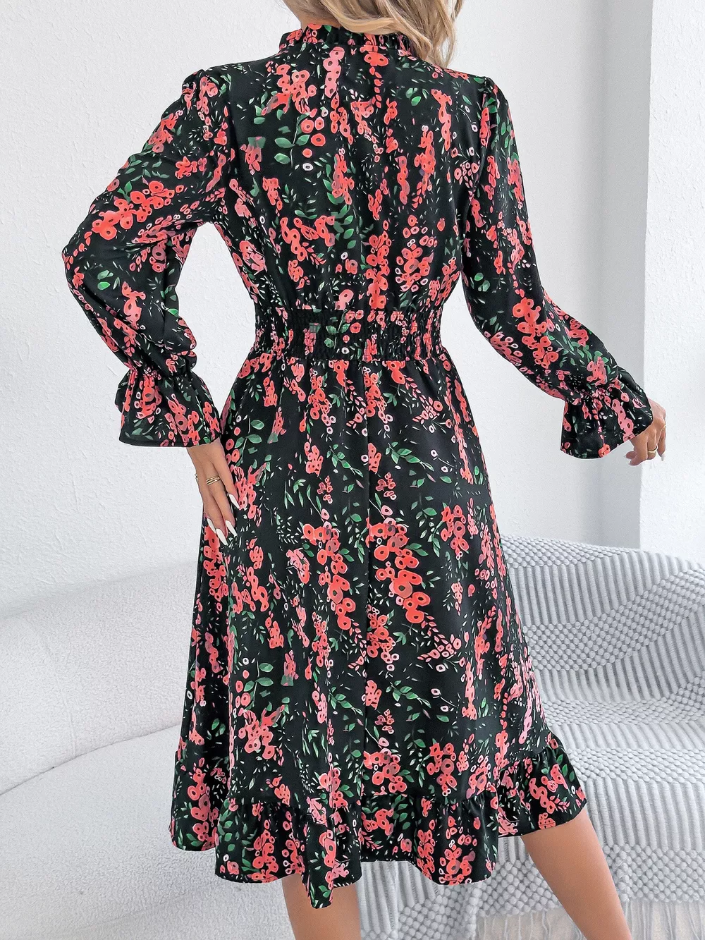 Floral Print Ruffle Hem Flounce Sleeve A-Line Dress, image 9