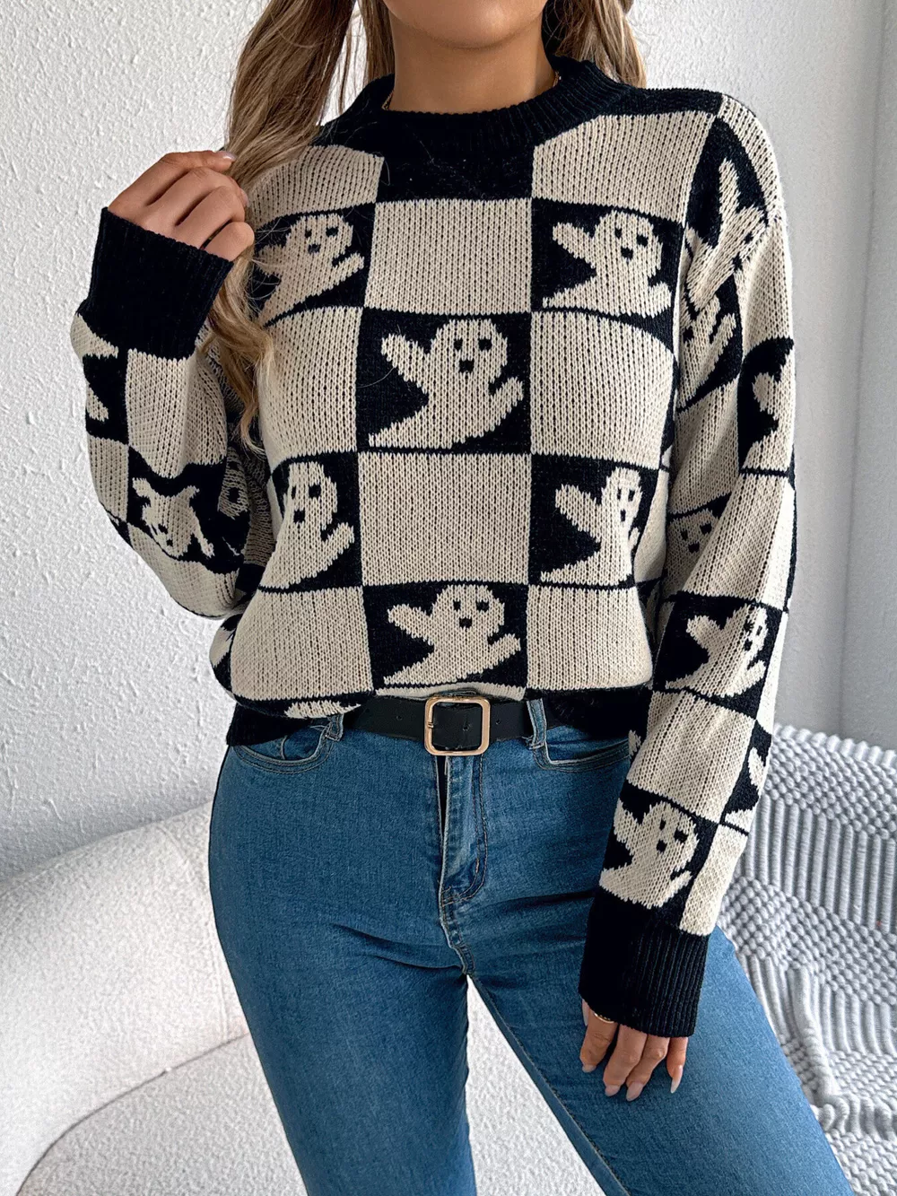 Checkerboard Halloween Graphic Sweater, image 13