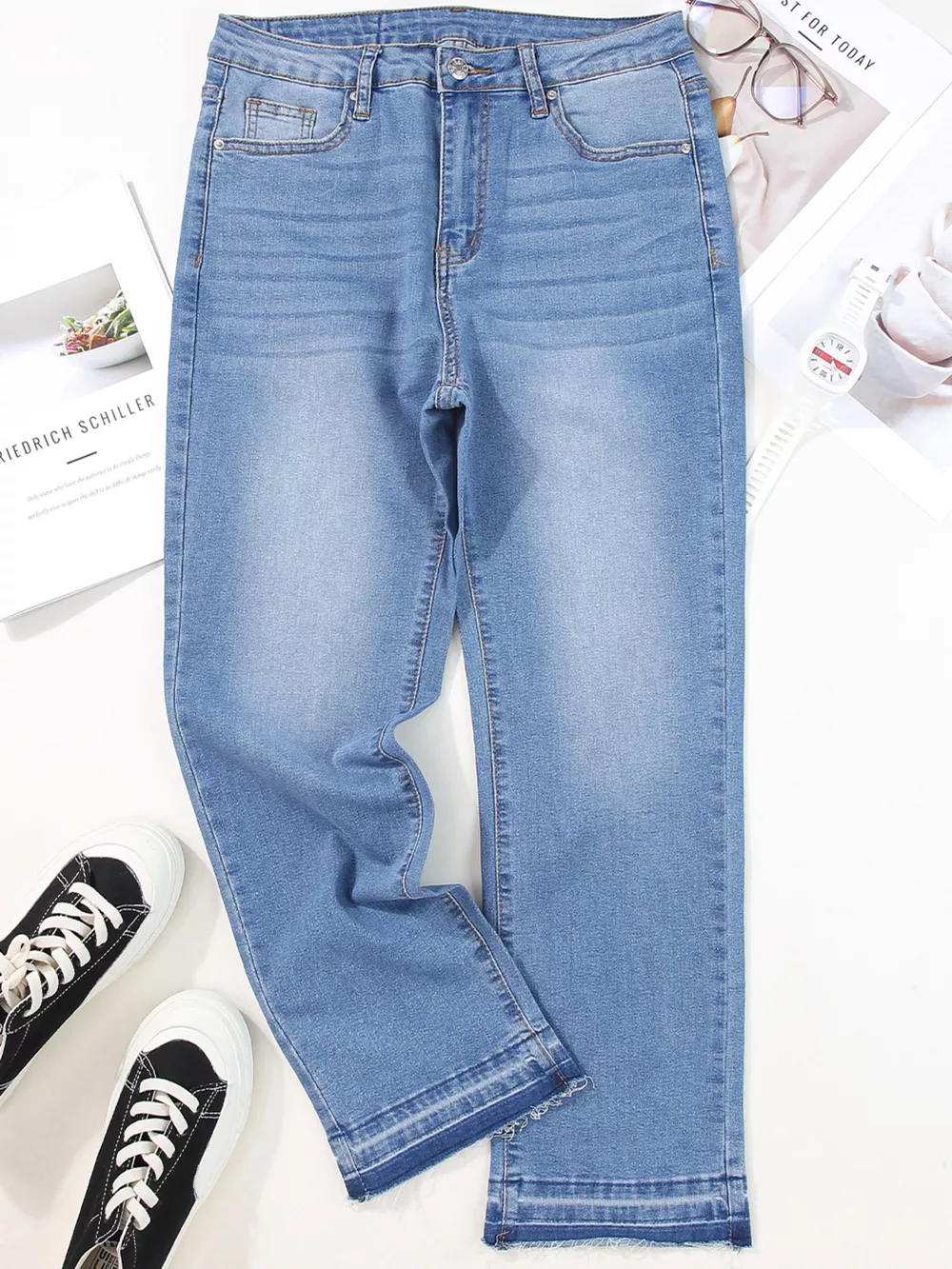 Whiskered Wash Raw Hem Cropped Jeans, image 5