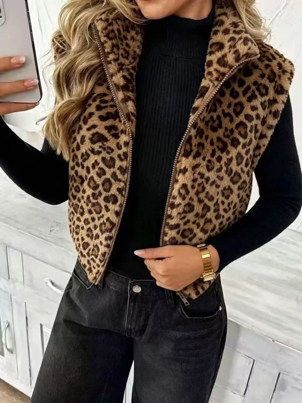 Animal Print Zip Up Vest Coat, image 6