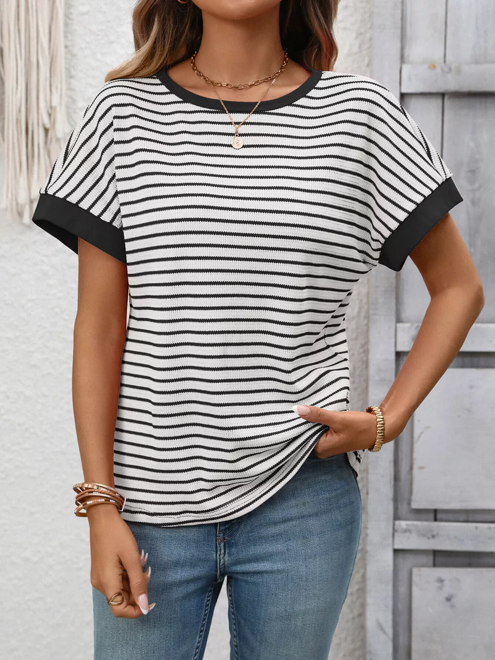 Striped Ribbed Knit Short Sleeve T-Shirt, image 15