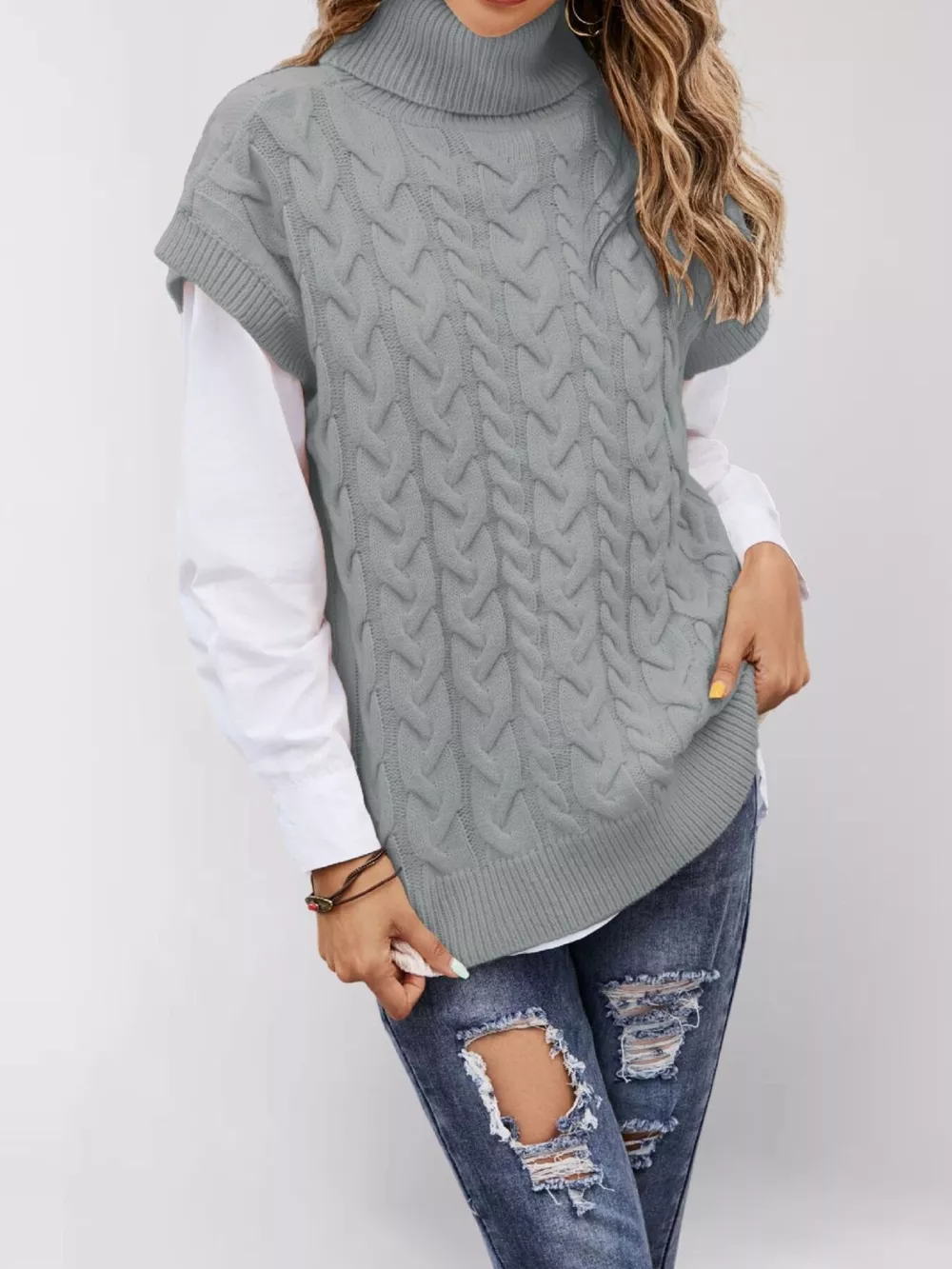 Chunky Knit Turtleneck Cap Sleeve Sweater, image 7