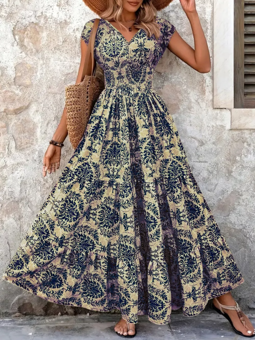 Full Size Printed V-Neck Tiered Maxi Dress Plus Size, image 10
