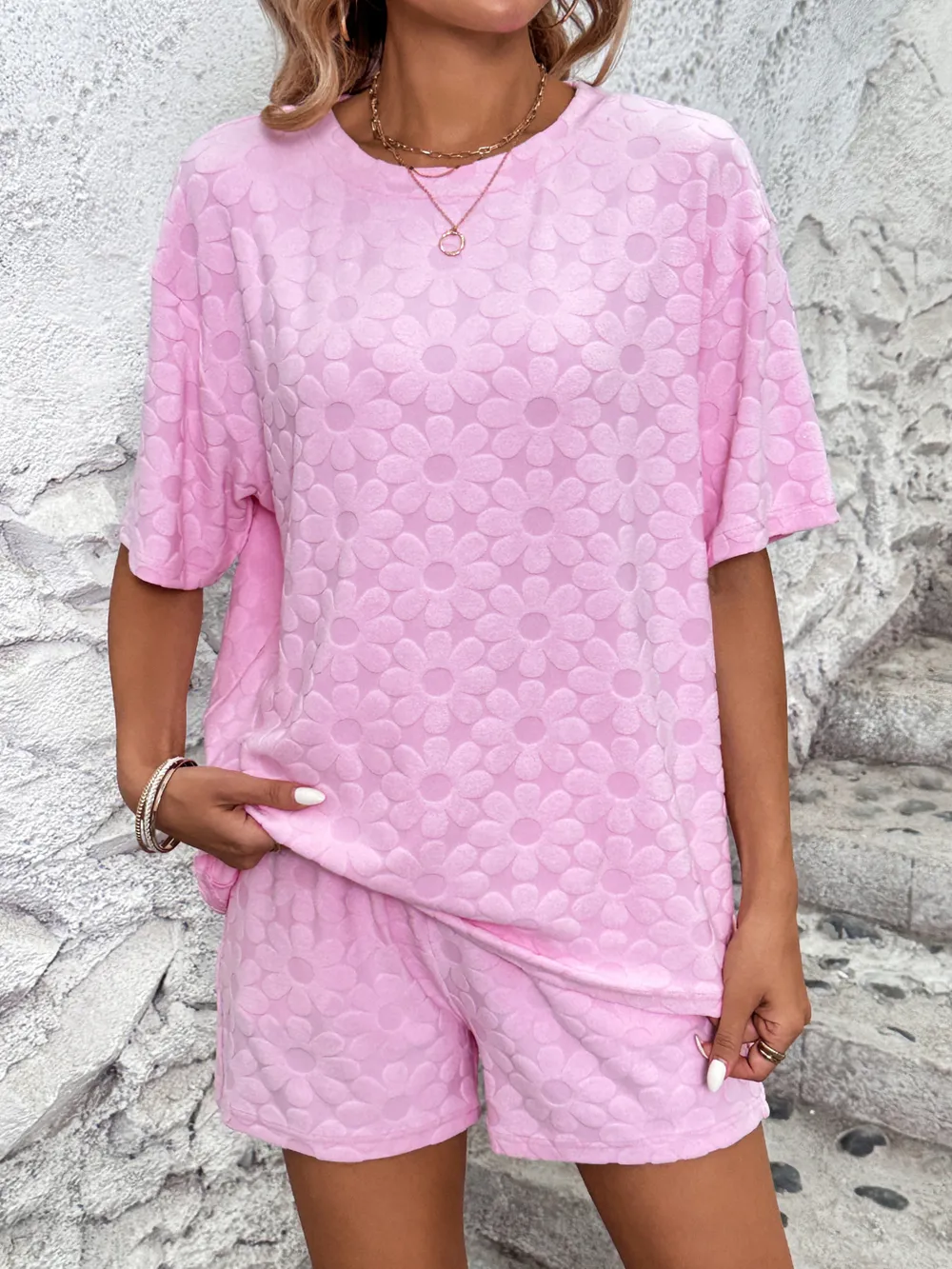 Flower Round Neck Top and Shorts Lounge Set, image 4