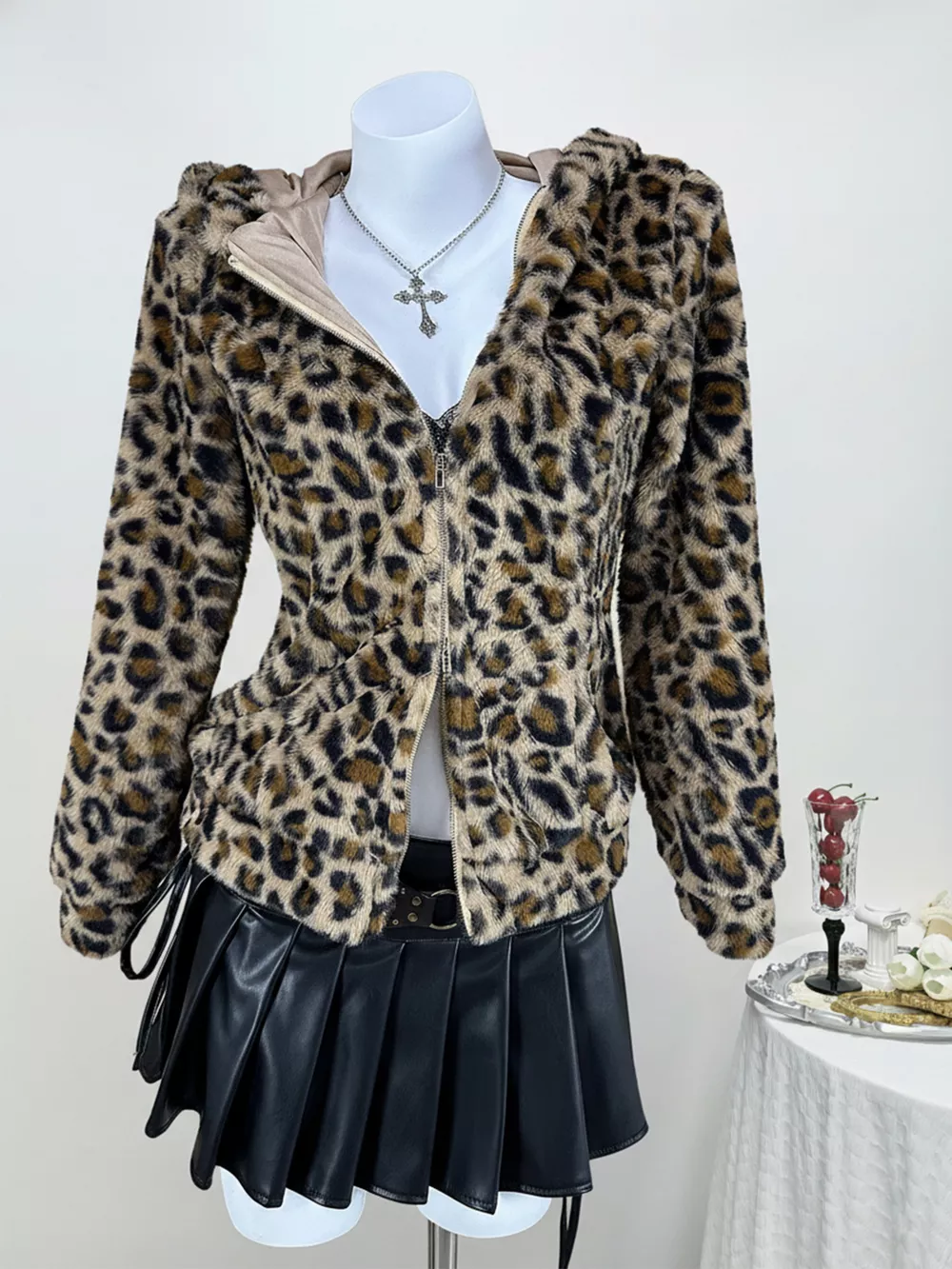 Leopard Plush Zip-Up Hooded Outerwear