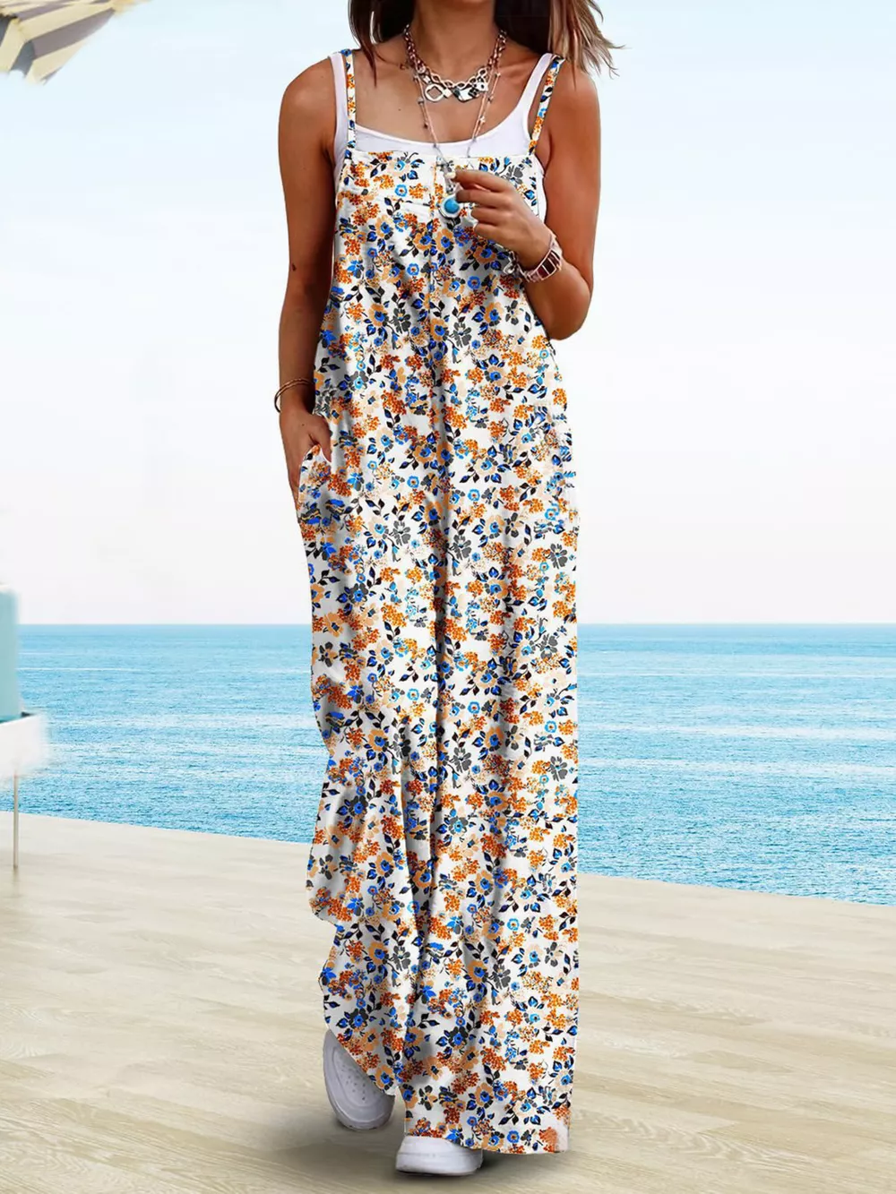 Full Size Floral Print Wide Leg Spaghetti Strap Overalls Plus Size, image 2