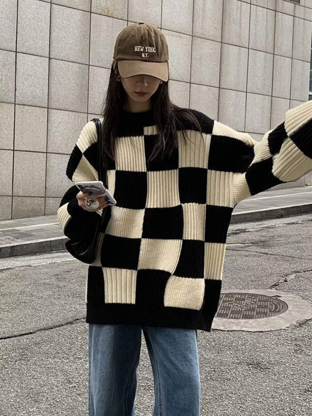 Checkerboard Pattern Oversized Sweater