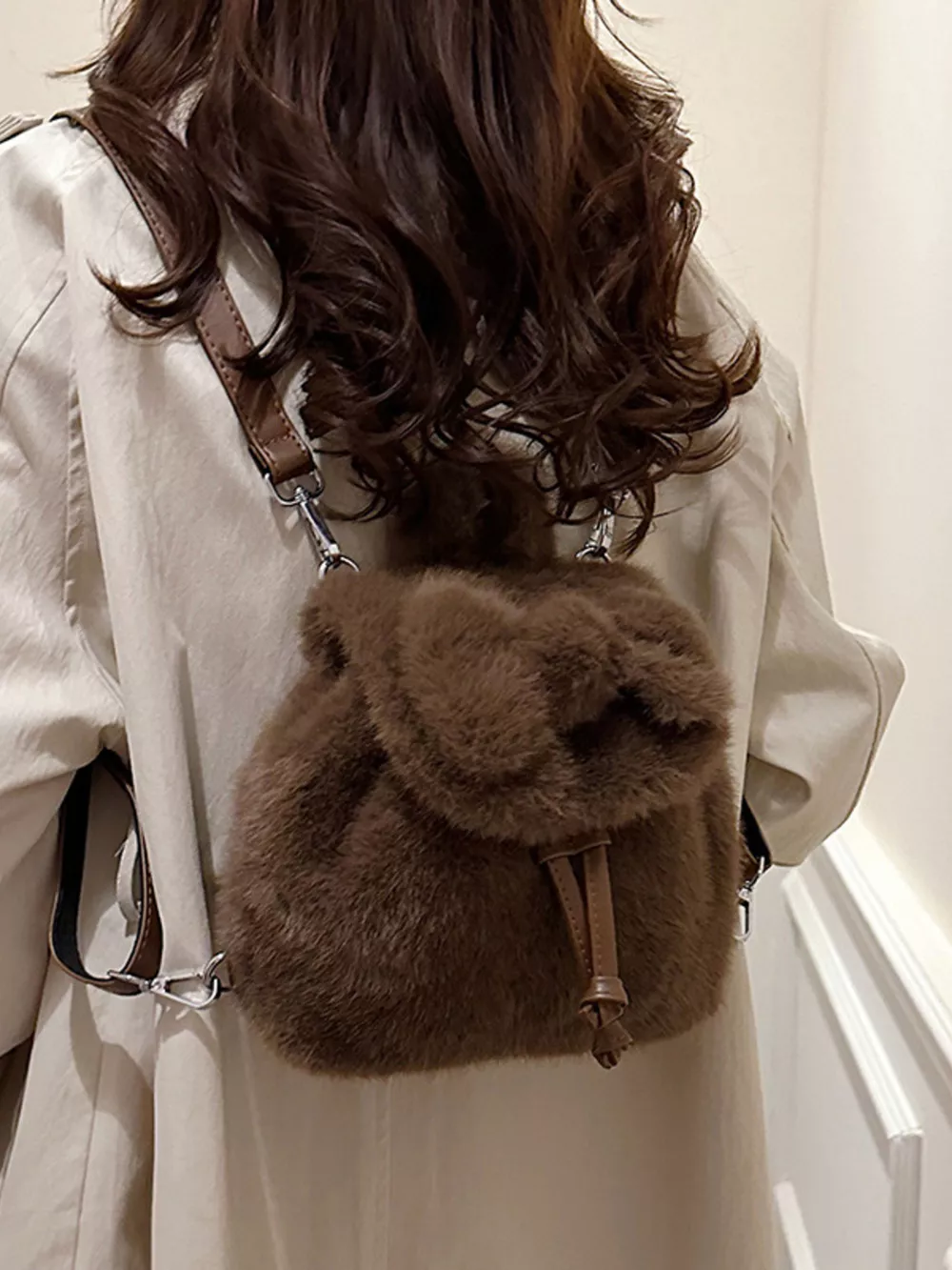 Fuzzy Plush Drawstring Backpack Bag, image 8