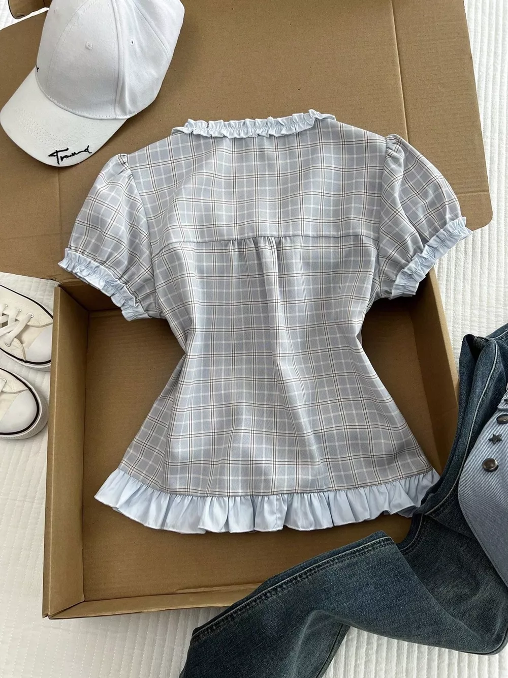Plaid Ruffle Trim Puff Sleeve Blouse, image 5
