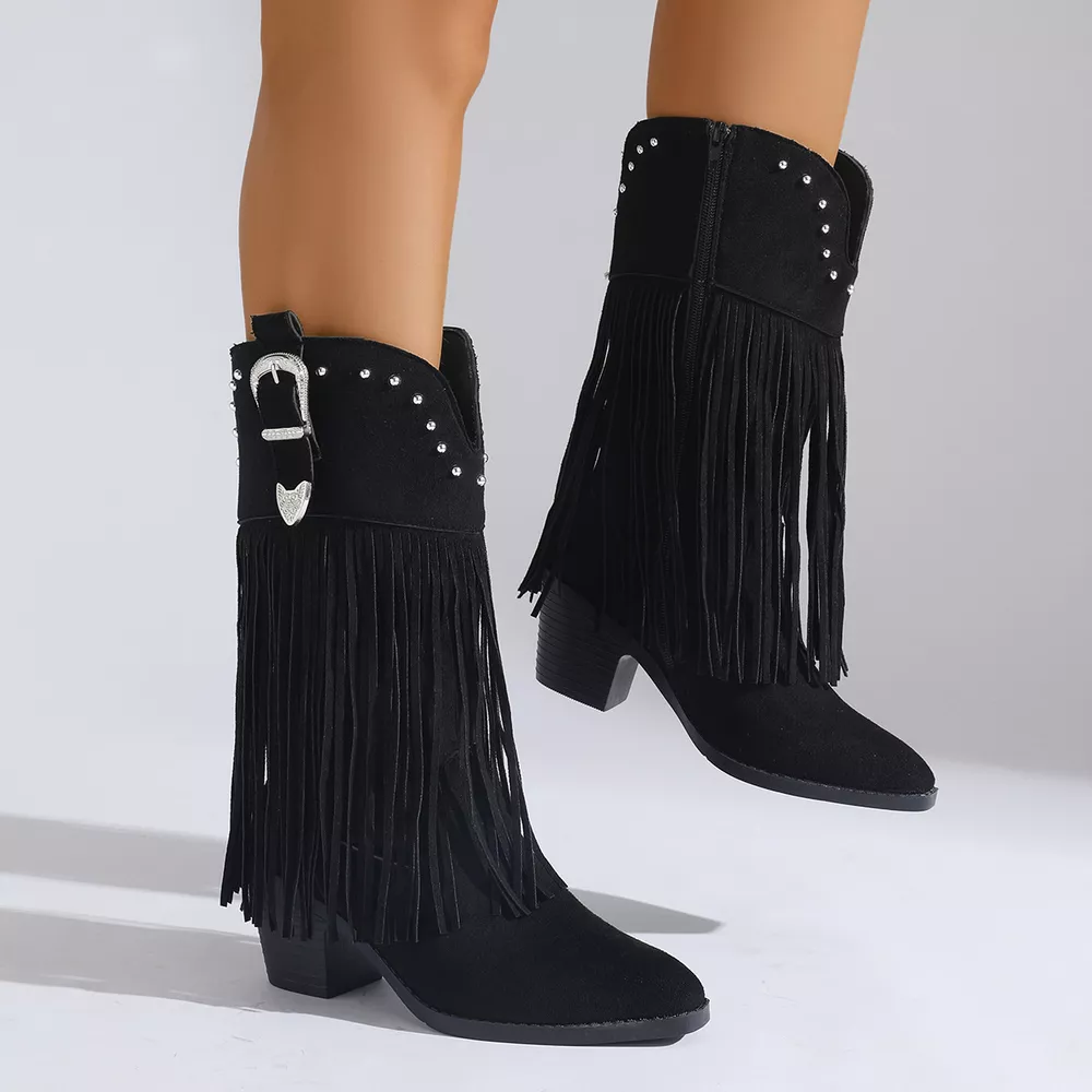Fringe Round Toe Block Heels Boots, image 2