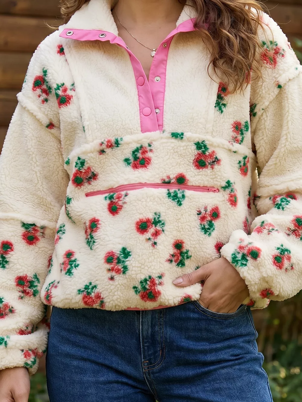Floral Print Fleece Contrast Trim Button Collar Sweatshirt, image 4
