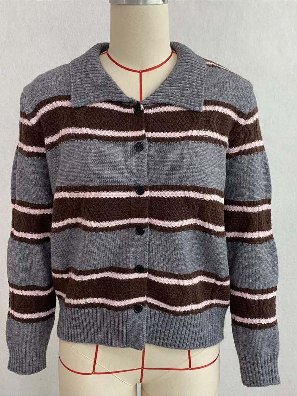 Vintage-Inspired Striped Knit Cardigan with Polo Collar, image 20