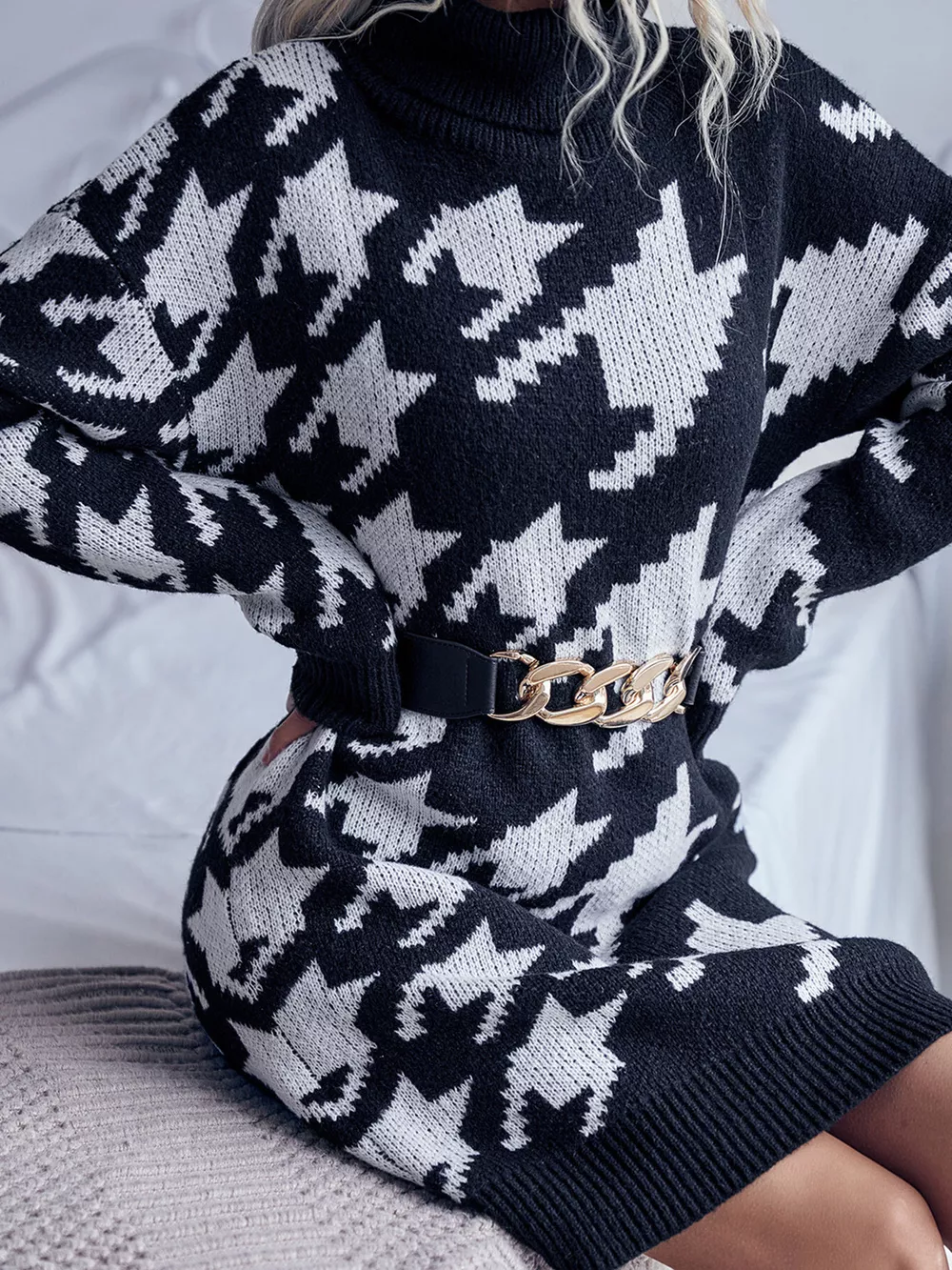 Houndstooth Pattern Turtleneck Sweater Dress, image 4