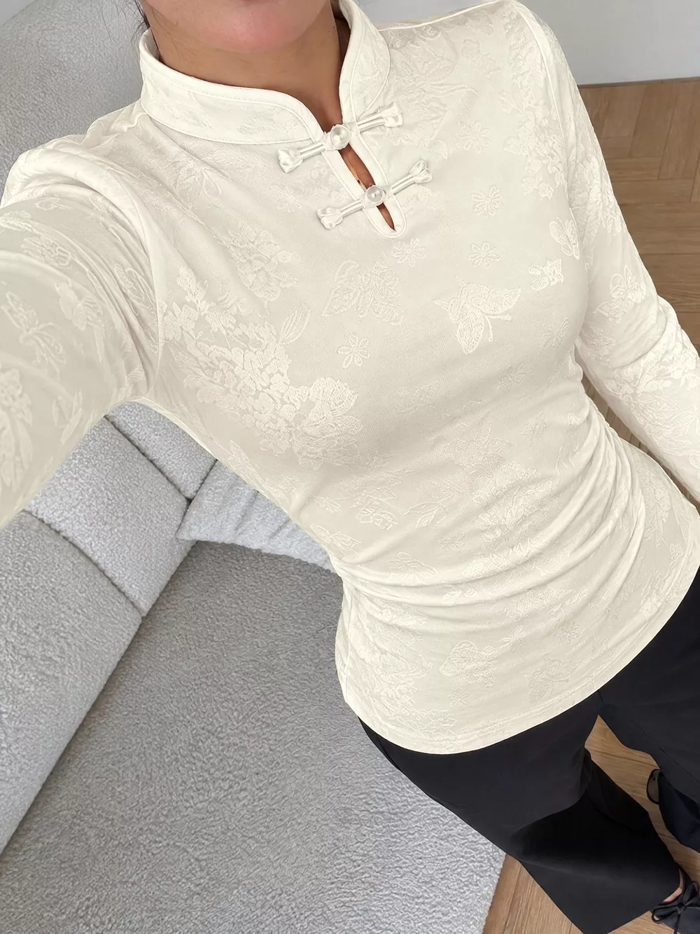 Floral Jacquard Slim-Fit Long Sleeve T-Shirt, image 4