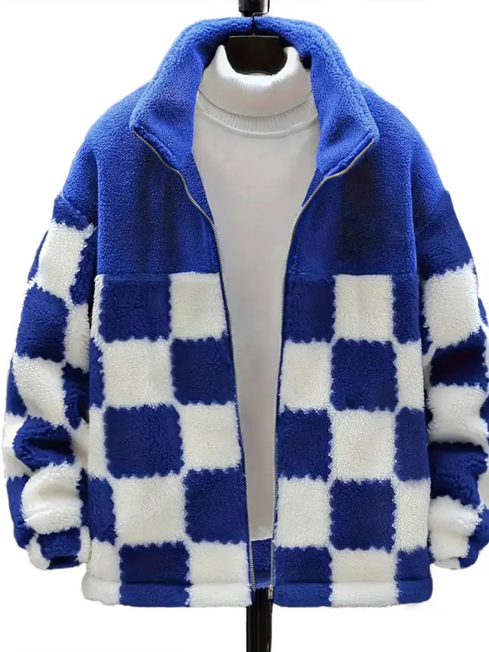 Checkered Fleece Oversized Zip Up Jacket, image 2