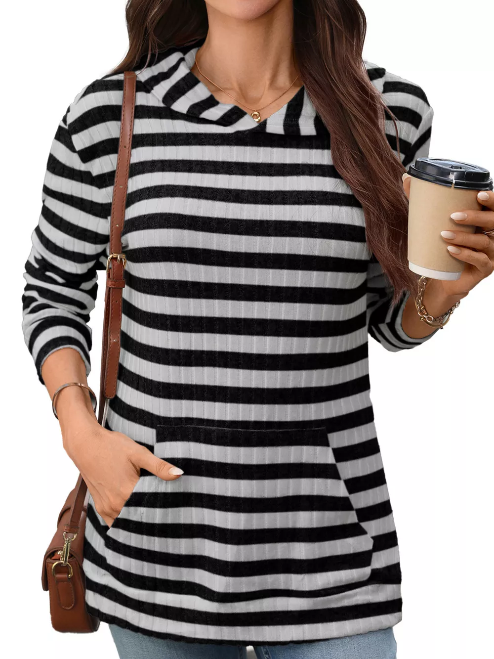 Casual Striped Ribbed Knit Hoodie with Kangaroo Pocket, image 17