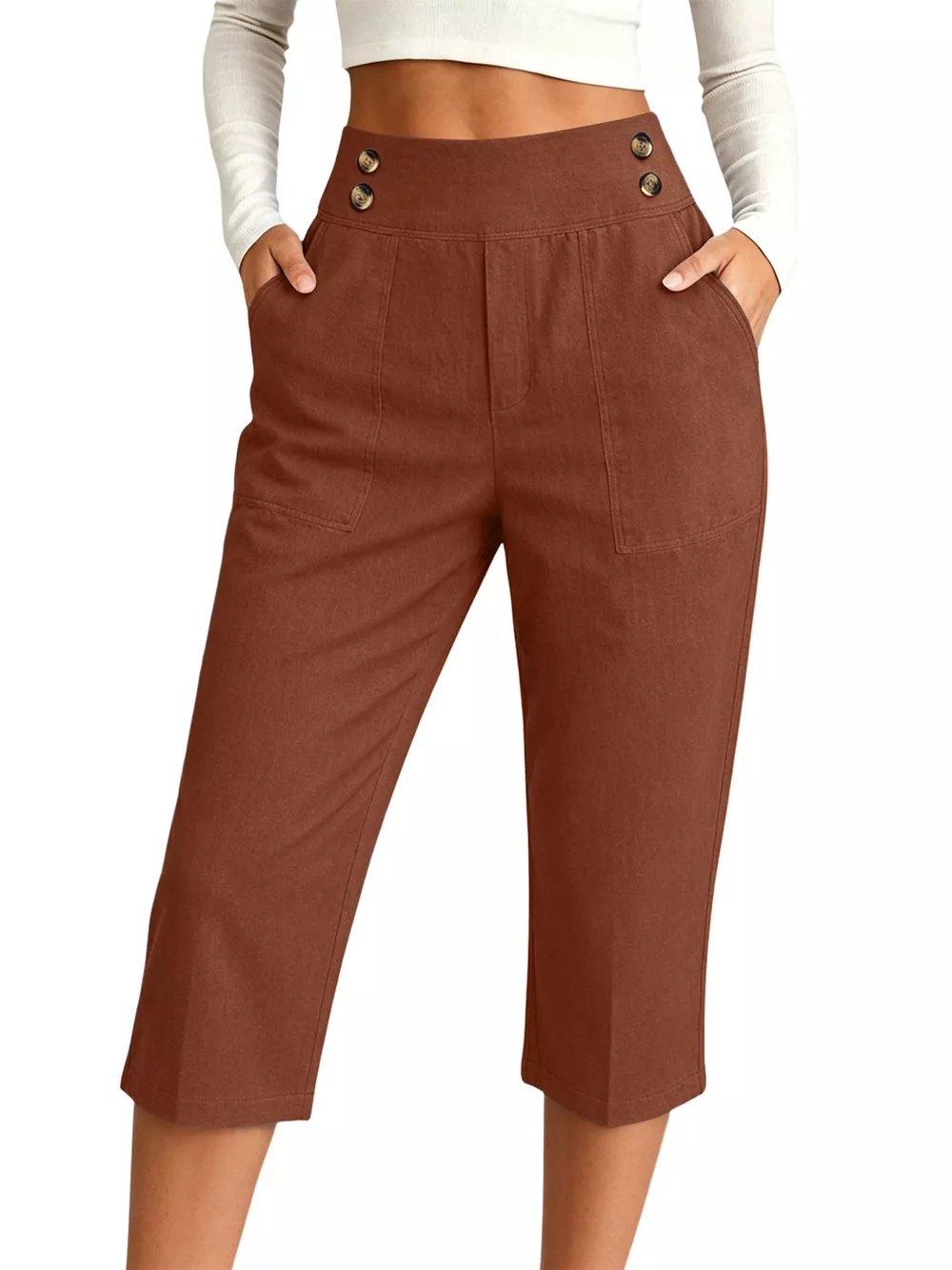 Full Size High-Waisted Button-Detail Cropped Pants Plus Size, image 9