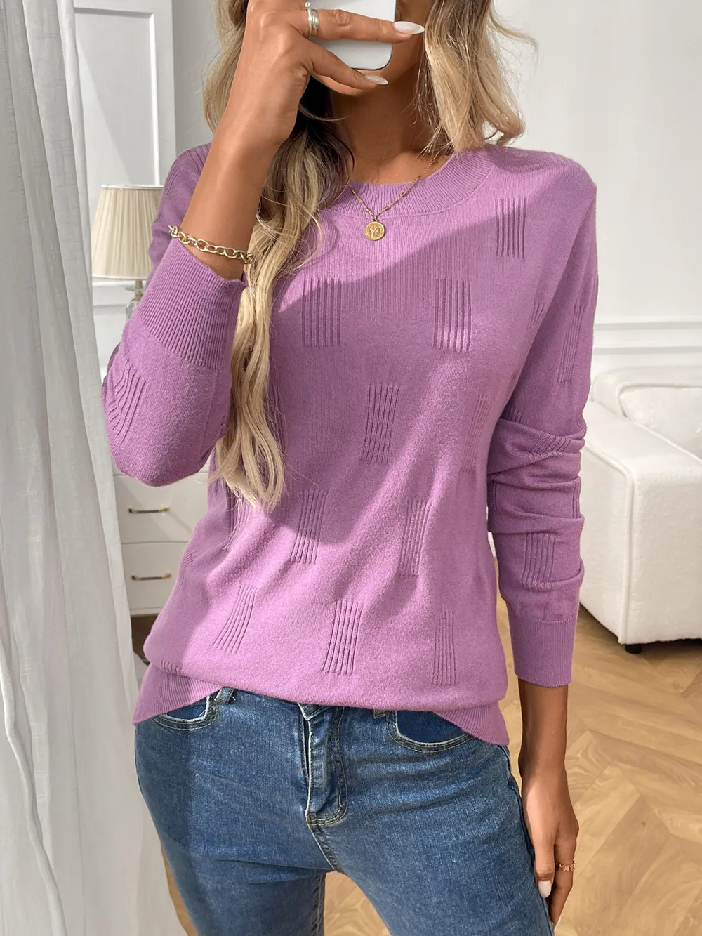 Round Neck Long Sleeve Knit Top, image 5
