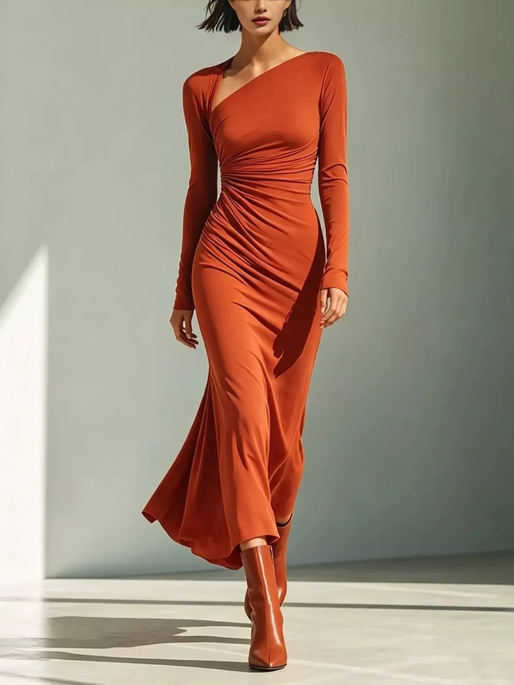 Asymmetrical Neck Ruched Long-Sleeve Dress, image 2