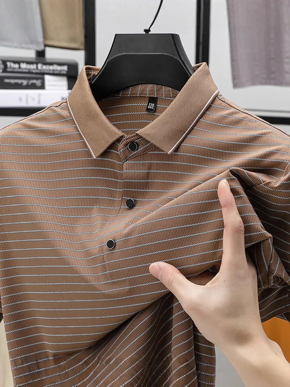 Men's Full Size Striped Button Detail Short Sleeve Polo Plus Size, image 3