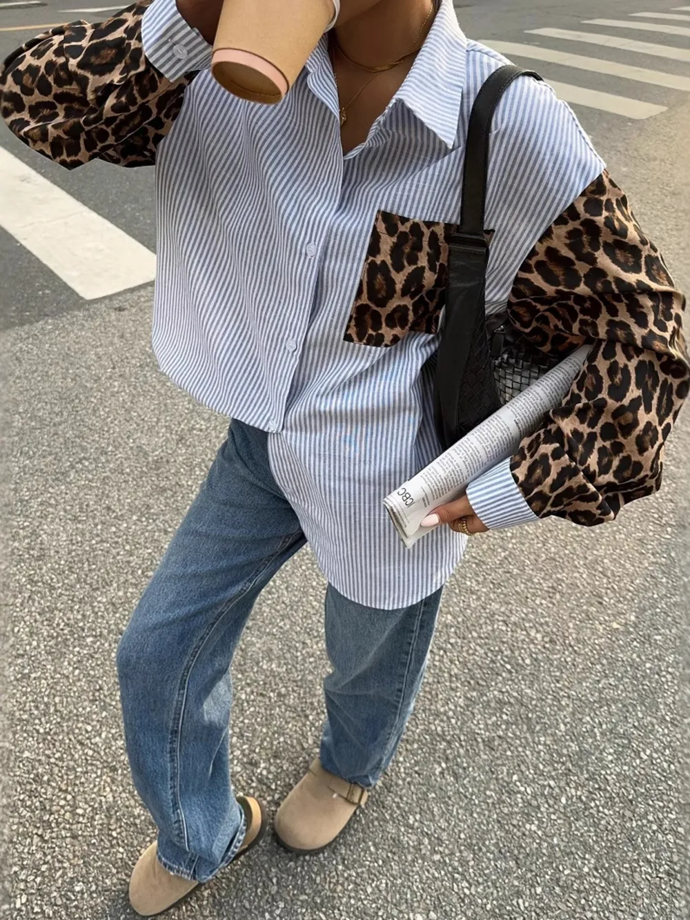 Leopard Print Sleeve Striped Button-Down Shirt, image 2