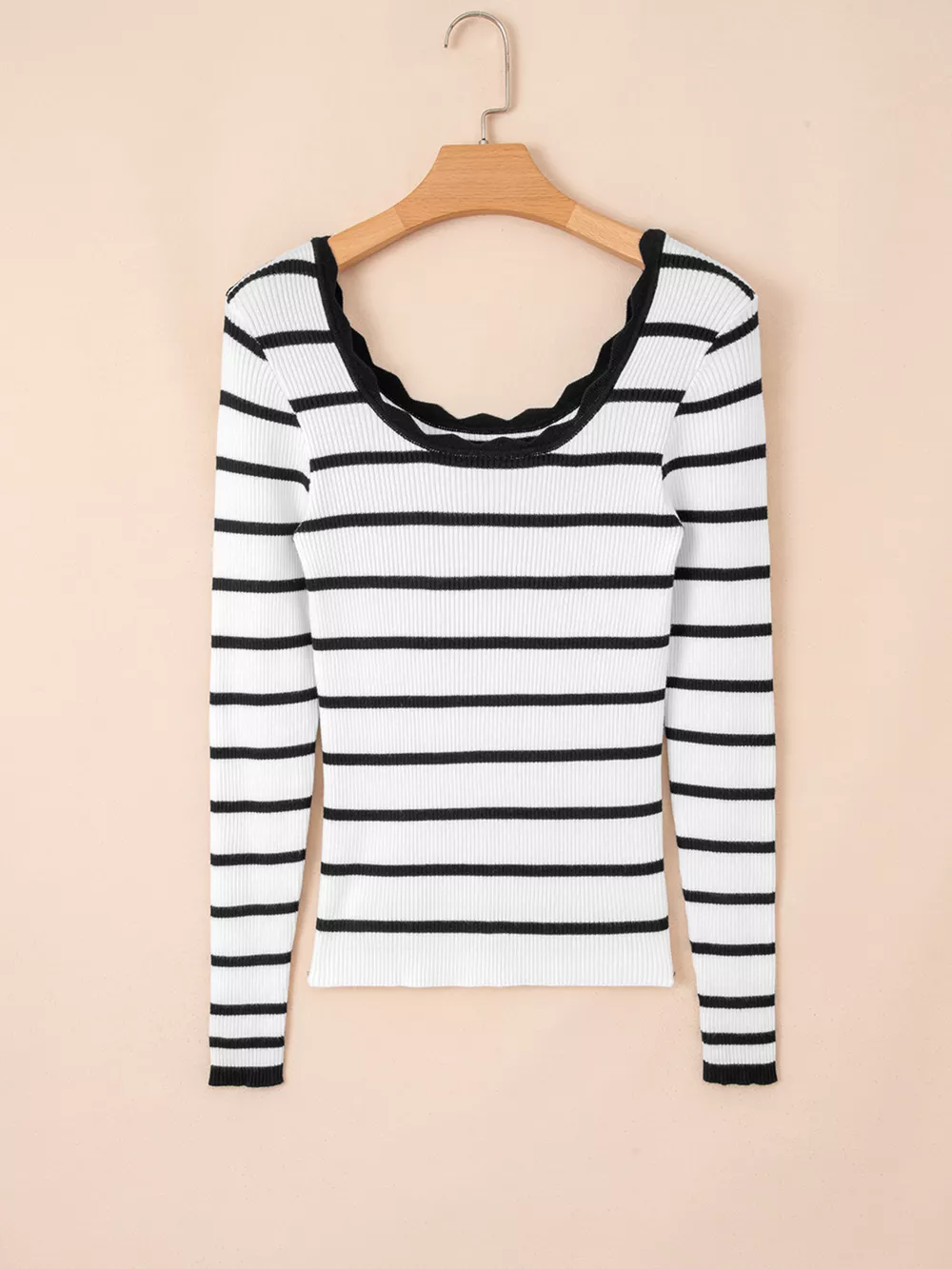 Scalloped Trim U Neck Striped Ribbed Slim Knit Top, image 4