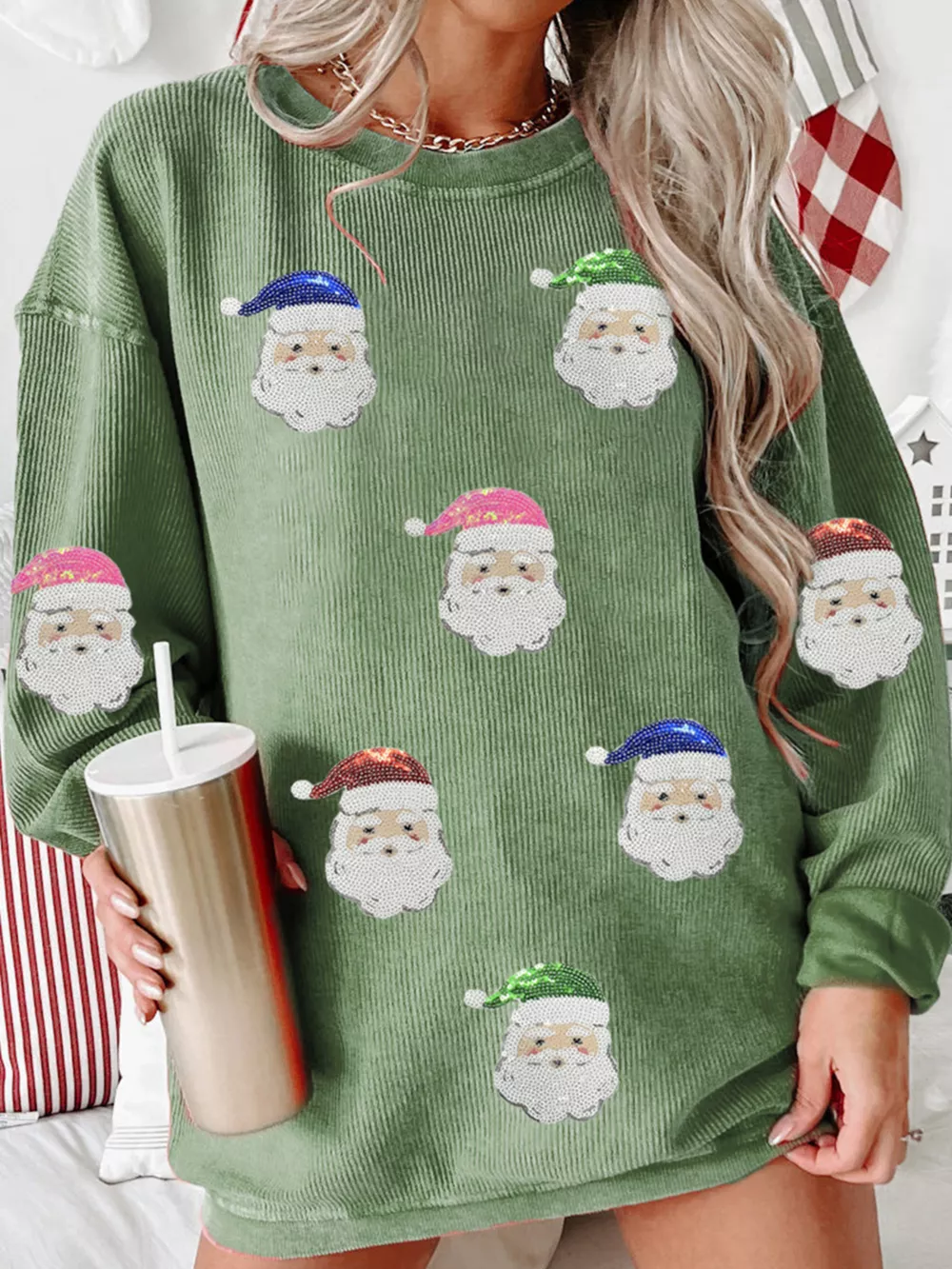 Corded Ribbed Sequin Patched Santa Claus Graphic Sweatshirt, image 4