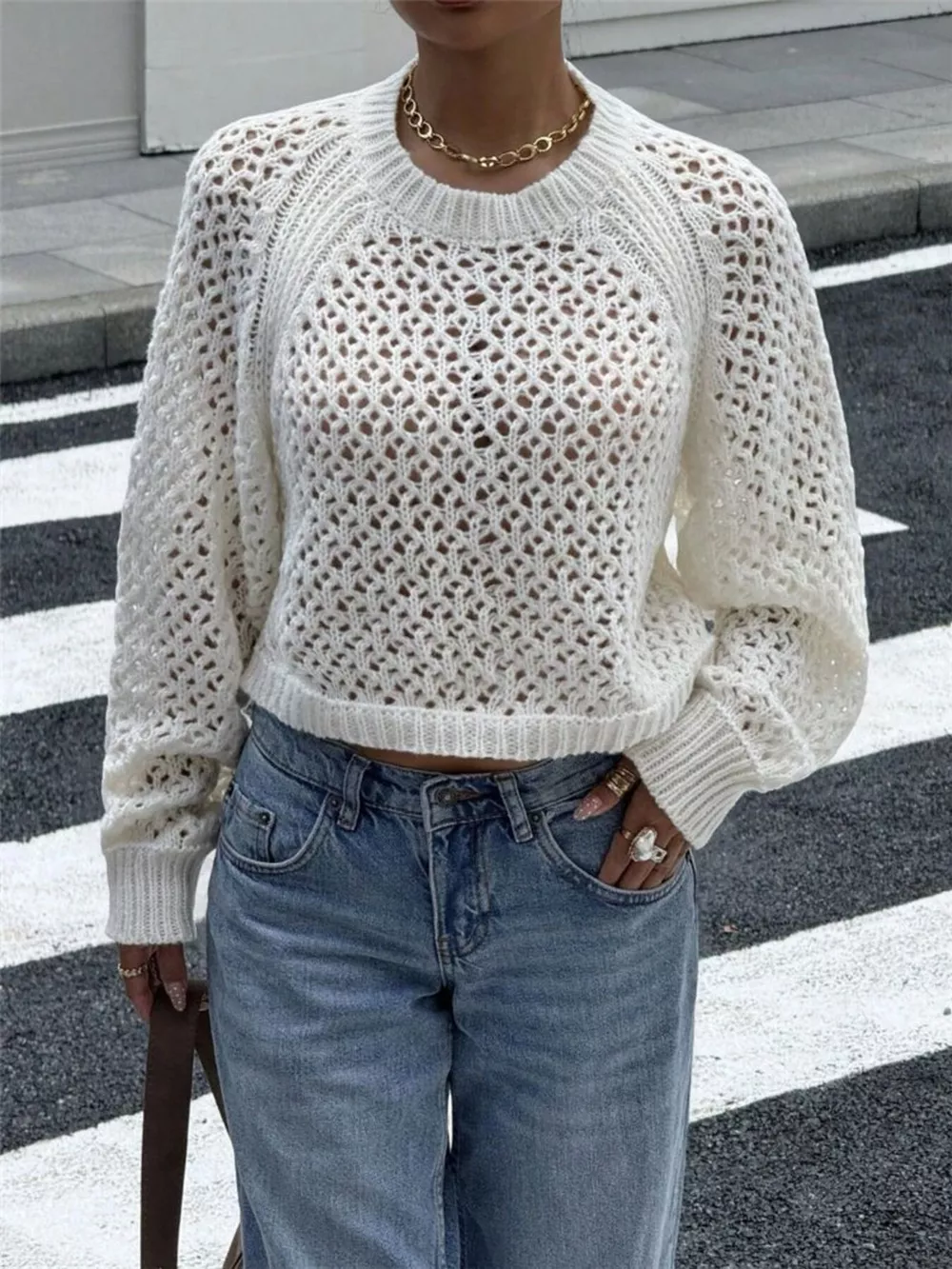 Crochet Knit Raglan Sleeve Sweater