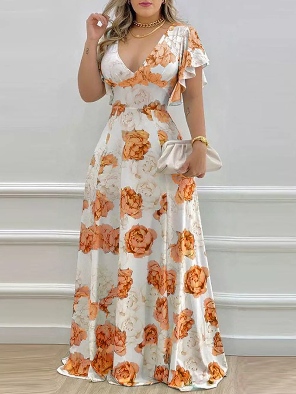 Floral Print V-Neck Ruffle Sleeve Maxi Dress, image 9