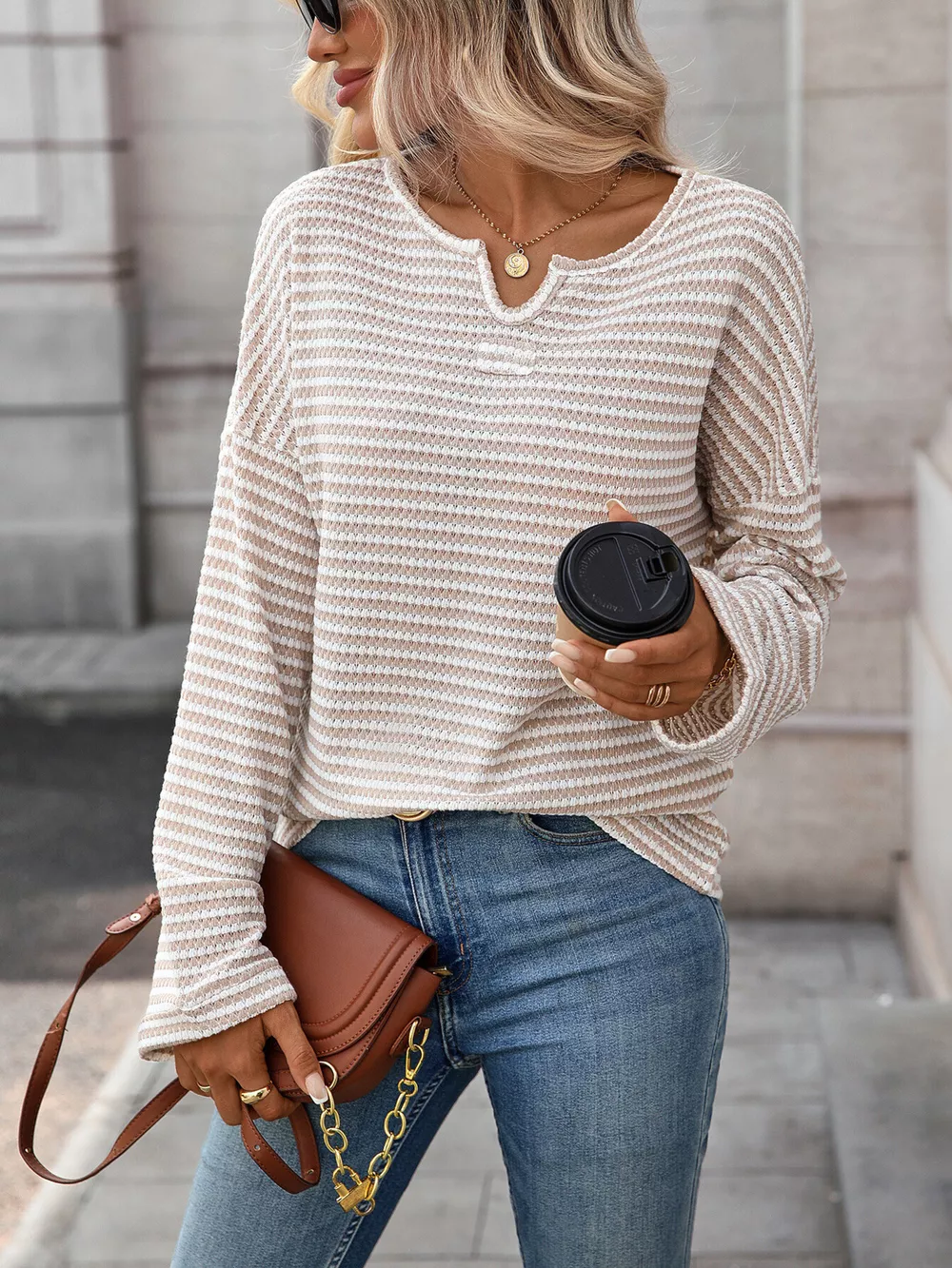 Striped Notched Long Sleeve T-Shirt, image 19