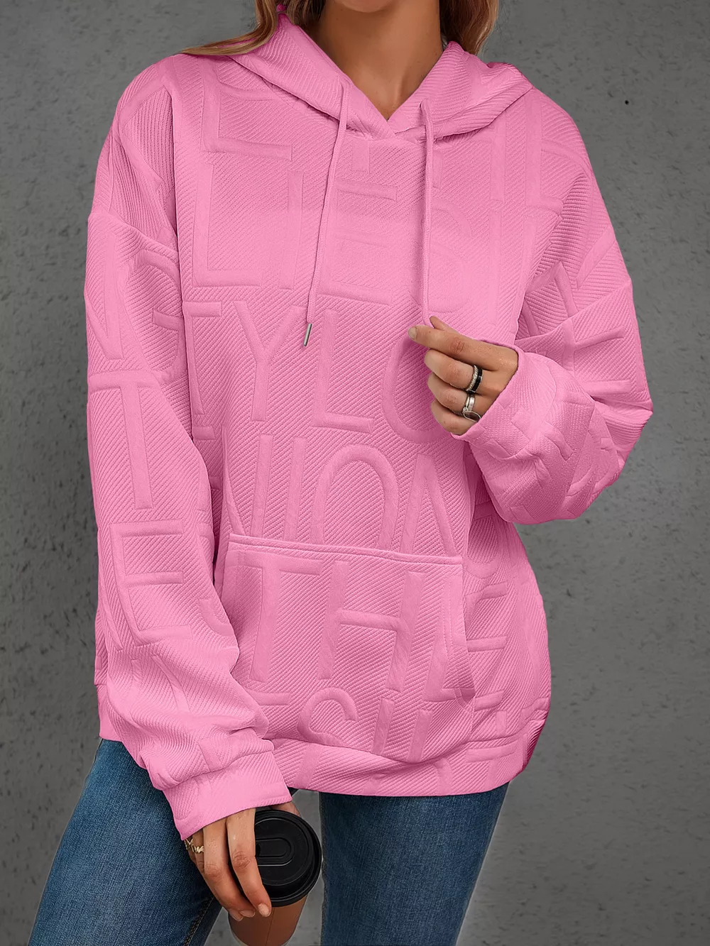 Full Size Textured Embossed Long Sleeve Hoodie Plus Size, image 14