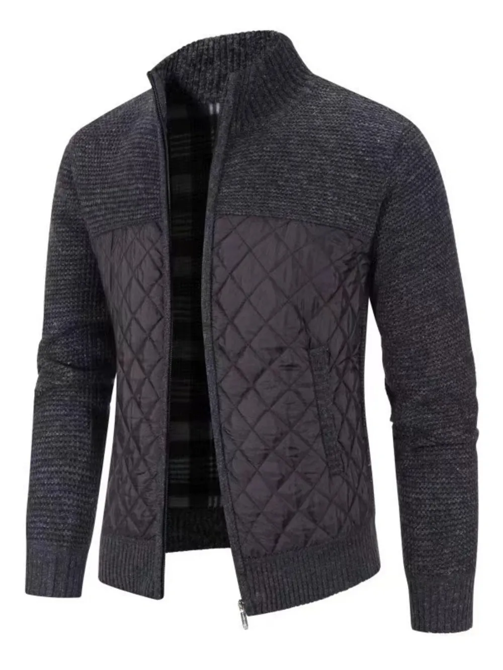 Men's Plus Size Quilted Panel Zip-Up Sweater Cardigan, image 5