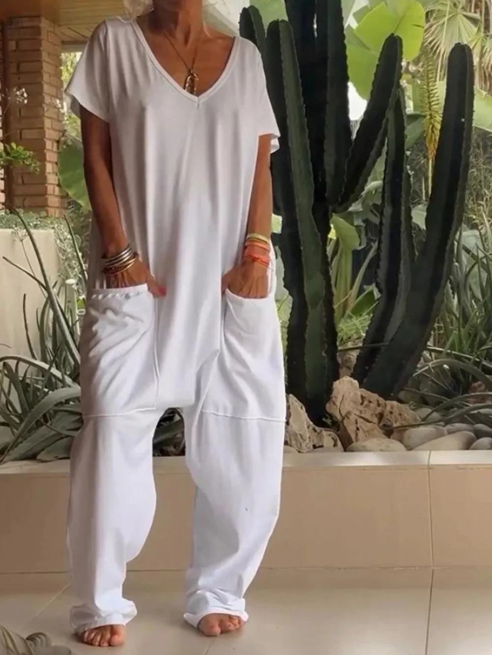 Full Size Loose Fit V-Neck Short Sleeve Wide Leg Jumpsuit Plus Size, image 2