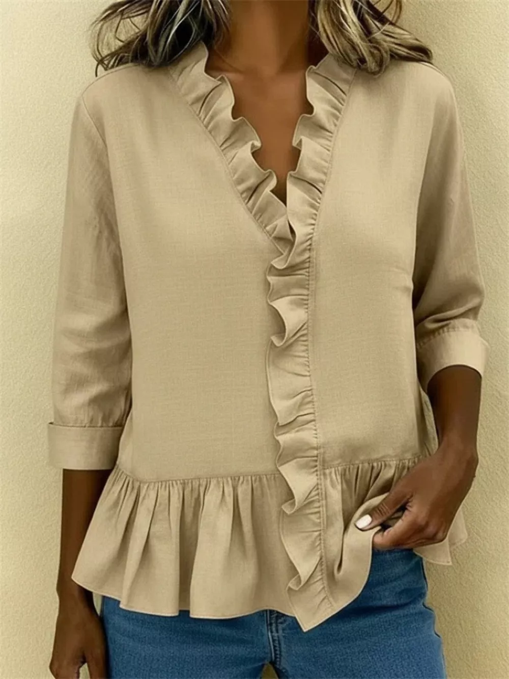 Full Size Ruffled V-Neck Long Sleeve Blouse Plus Size, image 9