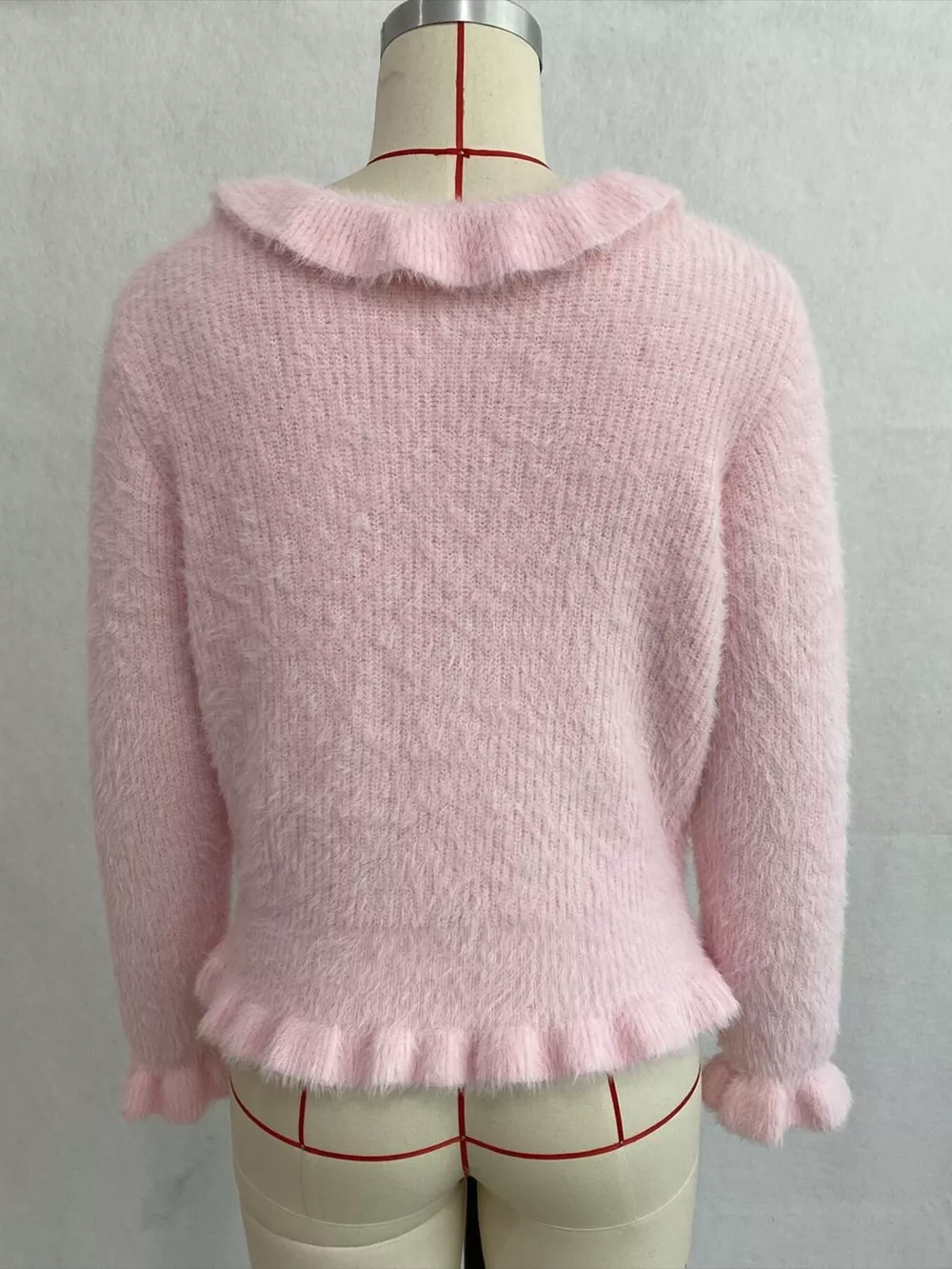 Soft Fuzzy Cardigan with Ruffled Collar and Pearl Buttons, image 5