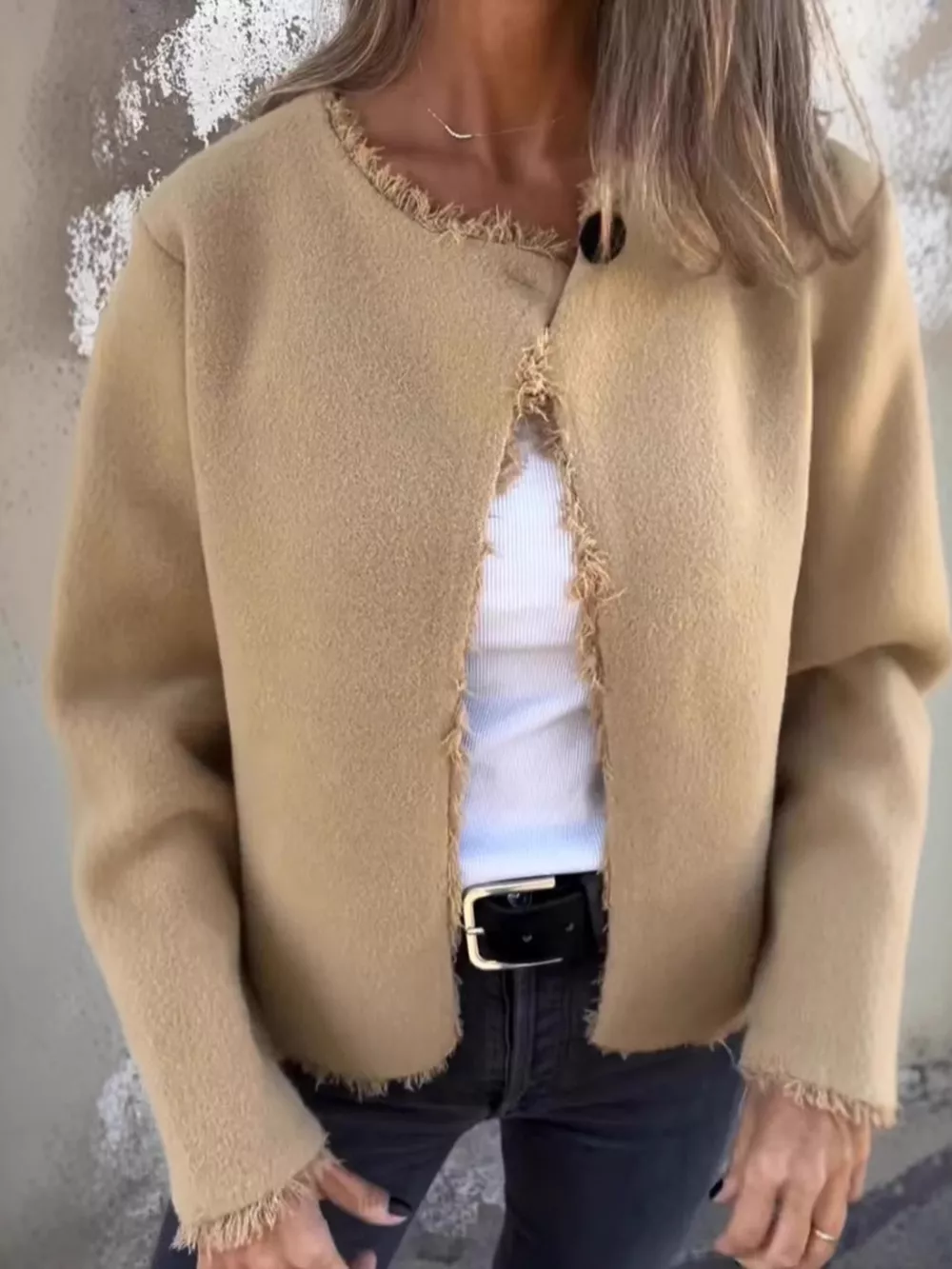 Full Size One Button Frayed Edge Cardigan Plus Size, image 5